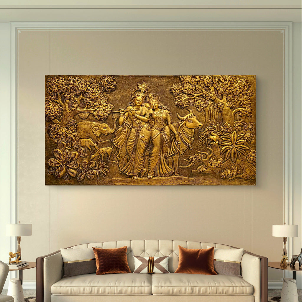 7x4 Feet | Handcrafted Radha Krishna 3D Relief Wall Mural | Divine Wall Art | Large Spiritual Décor