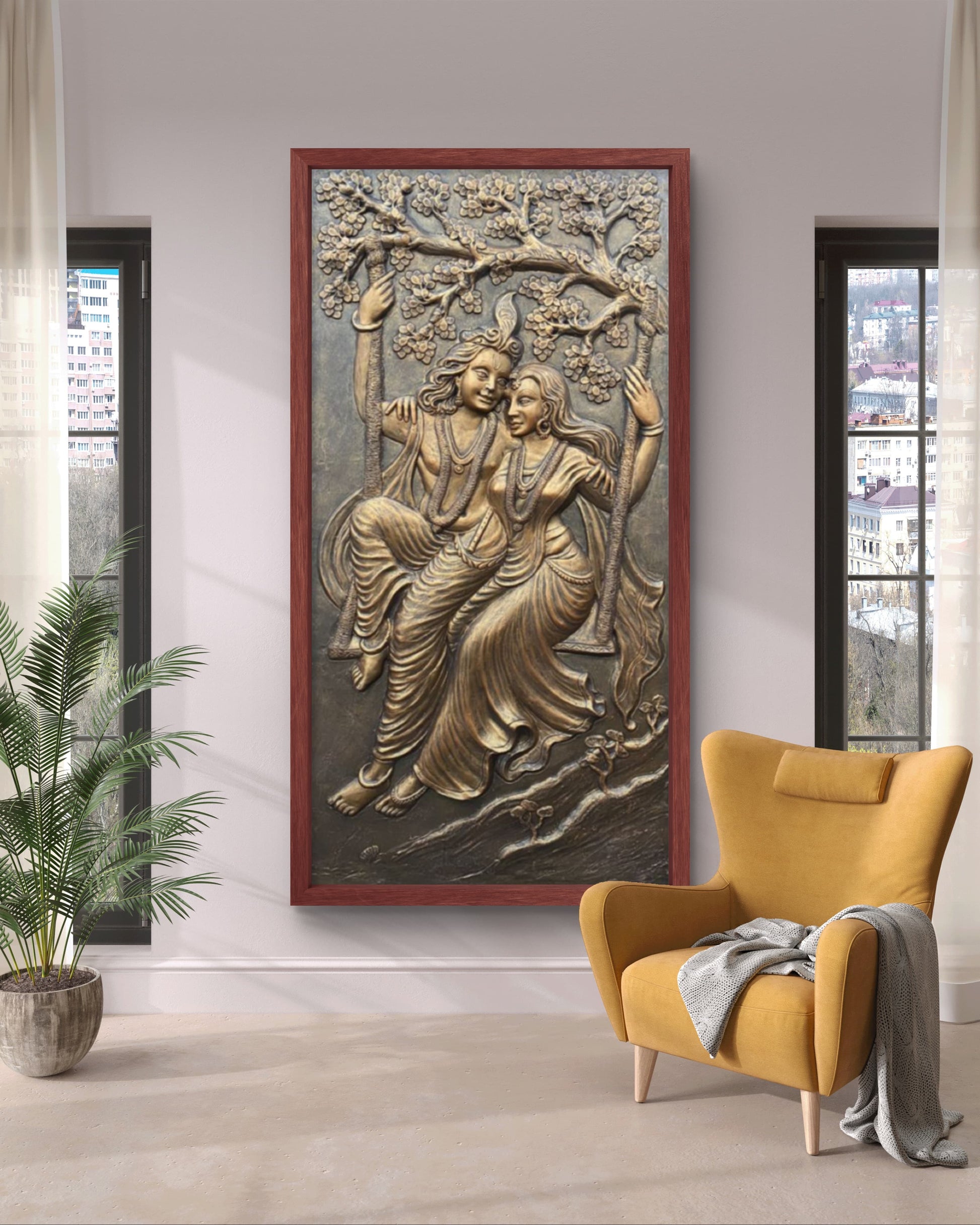 6x3 Feet | Radha Krishna Swing 3D Relief Mural | Divine Wall Art | Ready to Hang