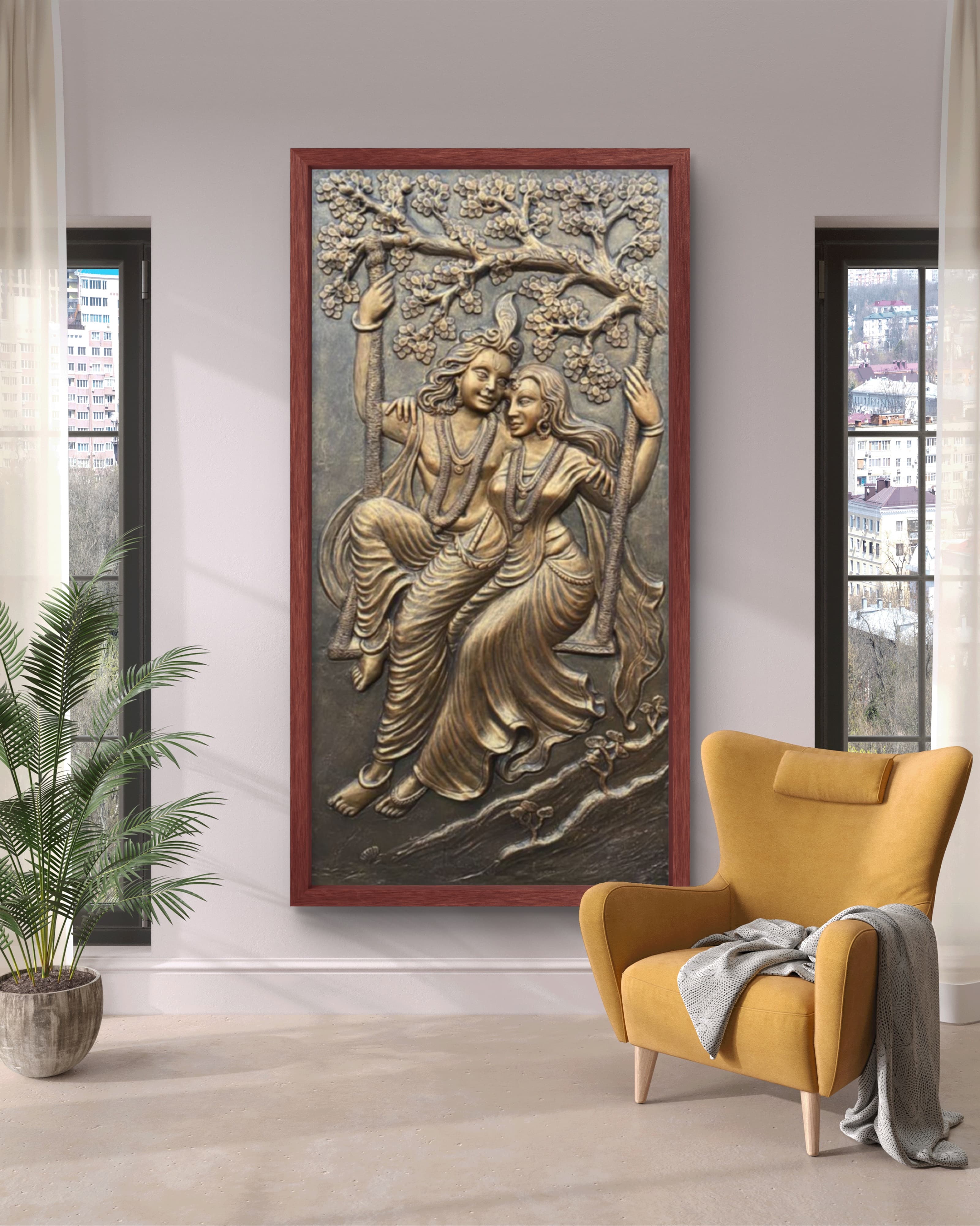 6x3 Feet | Radha Krishna Swing 3D Relief Mural | Divine Wall Art | Ready to Hang