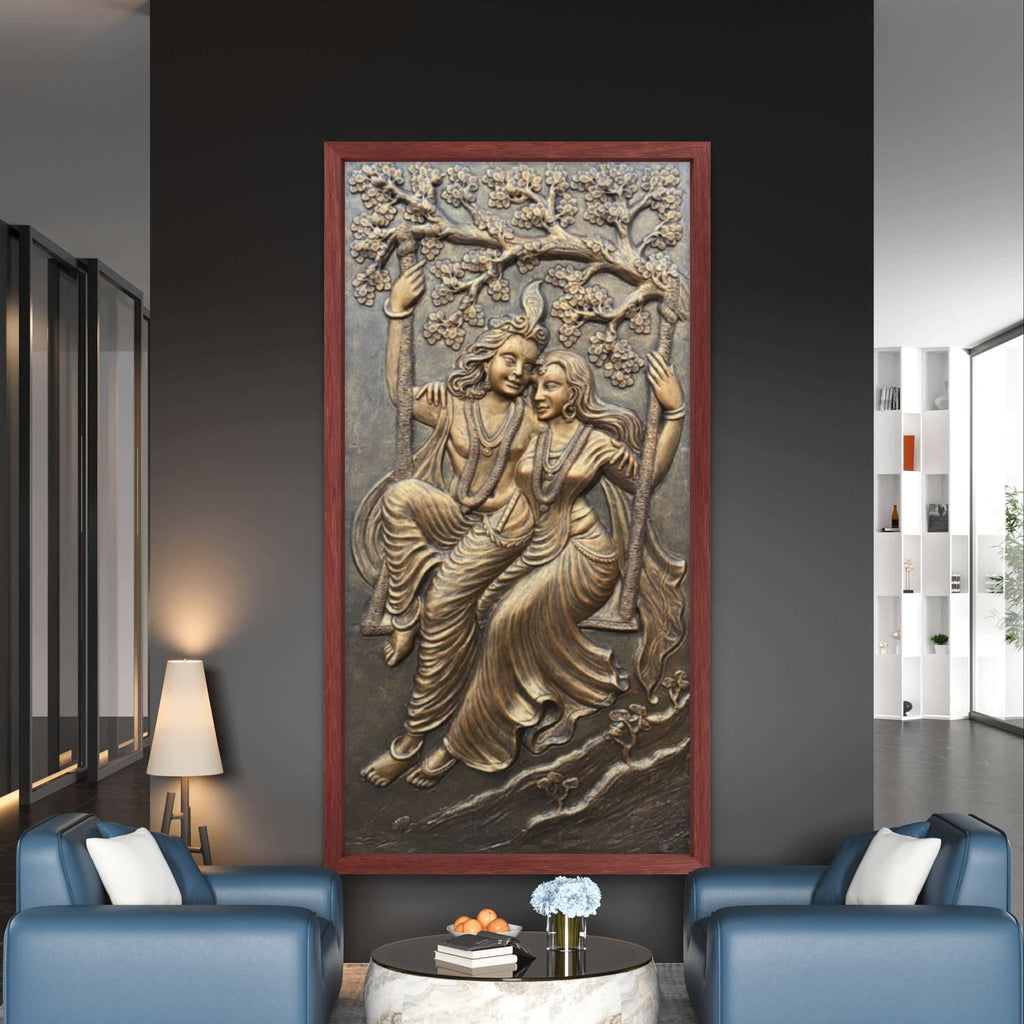 6x3 Feet | Radha Krishna Swing 3D Relief Mural | Divine Wall Art | Ready to Hang