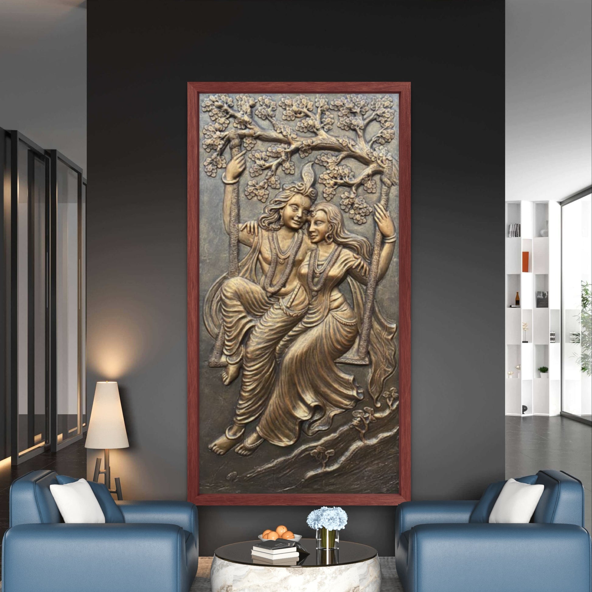 6x3 Feet | Radha Krishna Swing 3D Relief Mural | Divine Wall Art | Ready to Hang