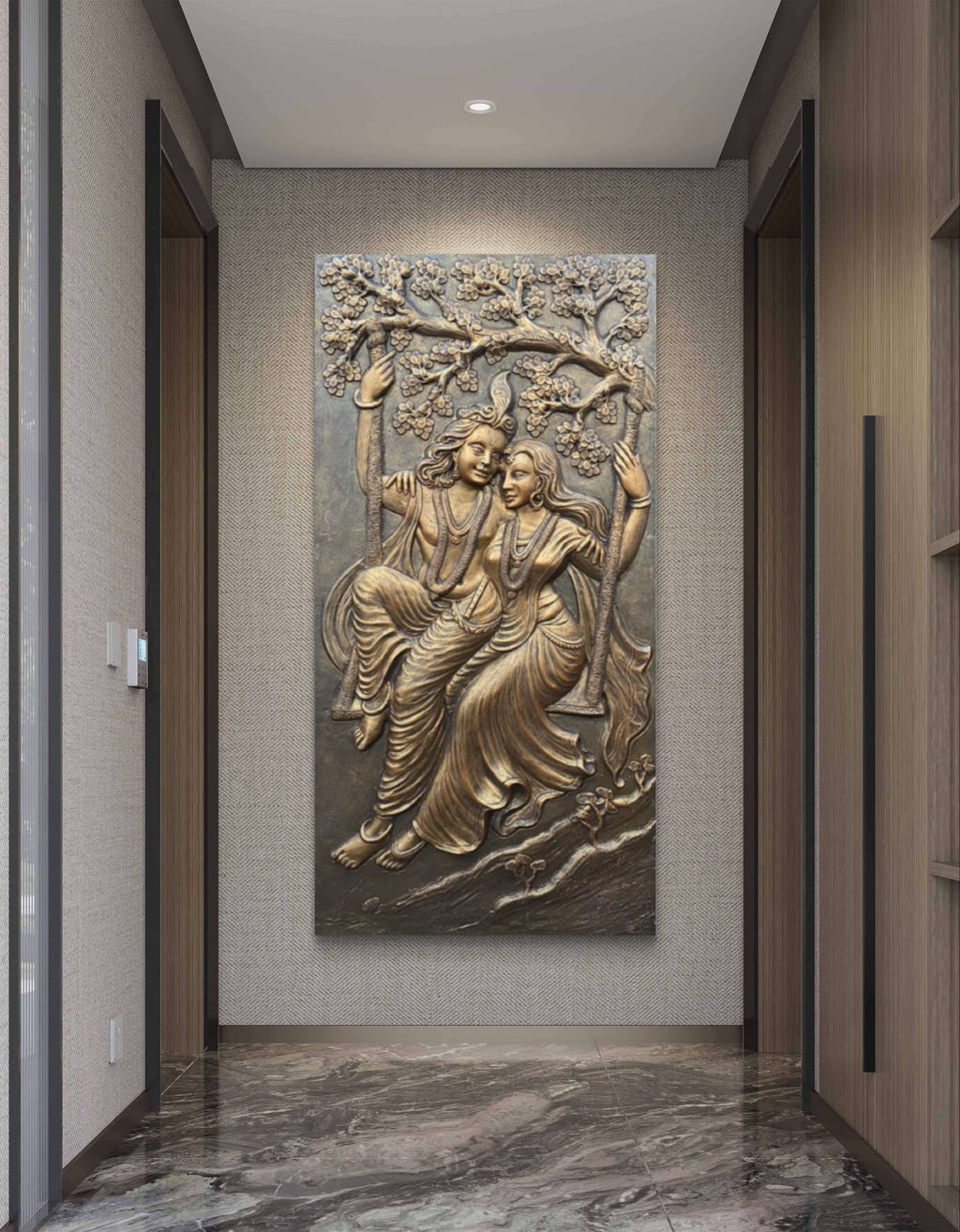 6x3 Feet | Radha Krishna Swing 3D Relief Mural | Divine Wall Art | Ready to Hang