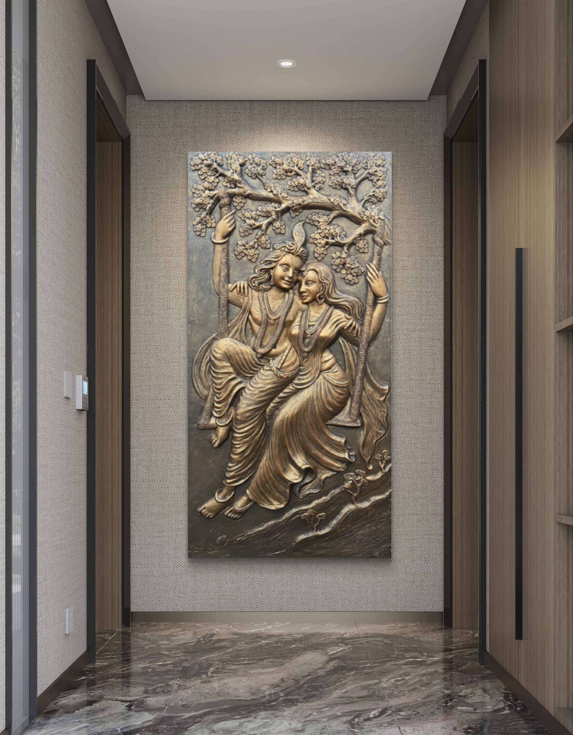 6x3 Feet | Radha Krishna Swing 3D Relief Mural | Divine Wall Art | Ready to Hang