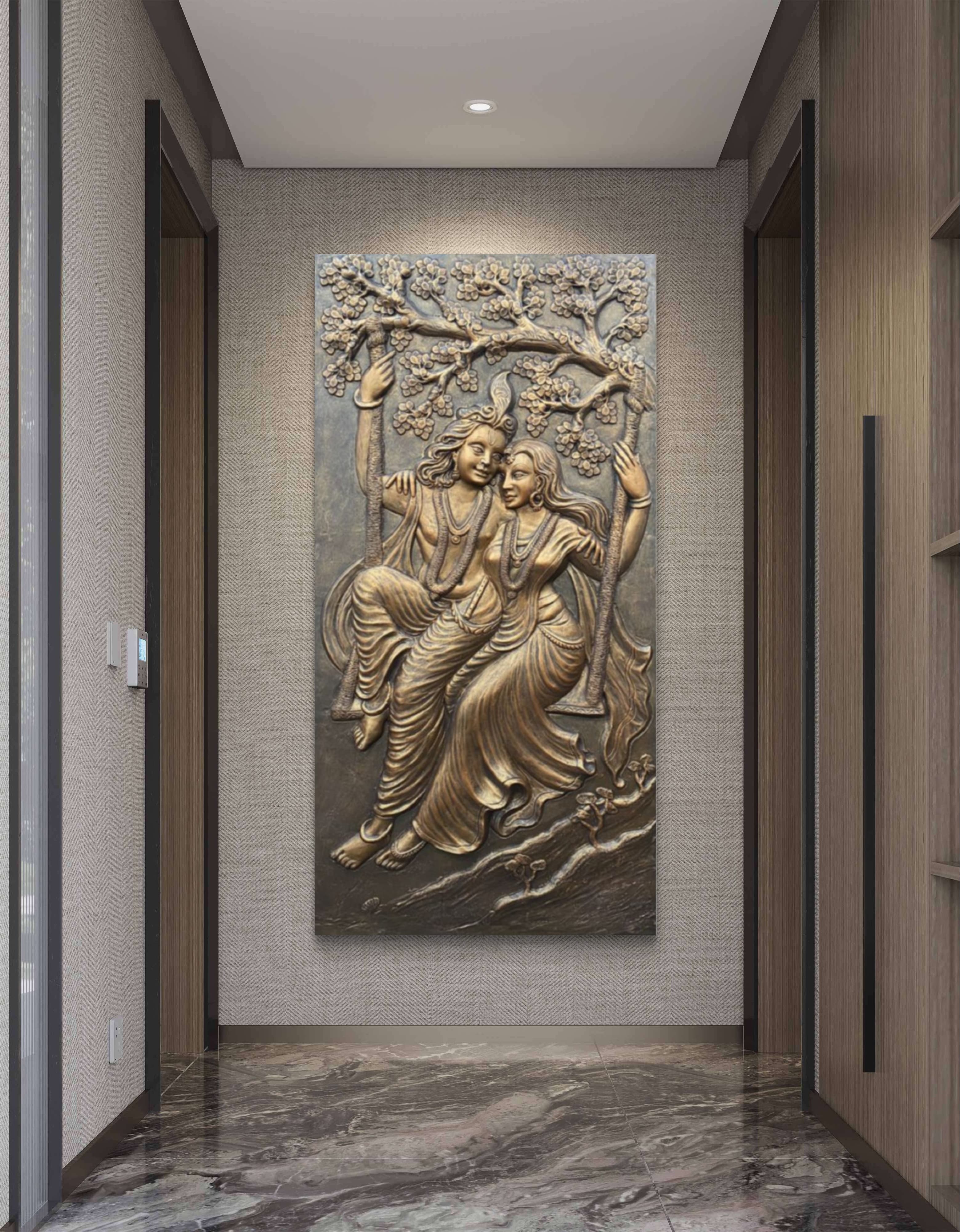 6x3 Feet | Radha Krishna Swing 3D Relief Mural | Divine Wall Art | Ready to Hang