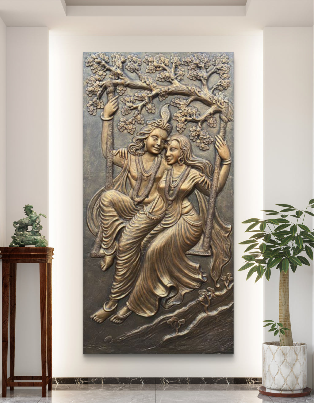 6x3 Feet | Radha Krishna Swing 3D Relief Mural | Divine Wall Art | Ready to Hang