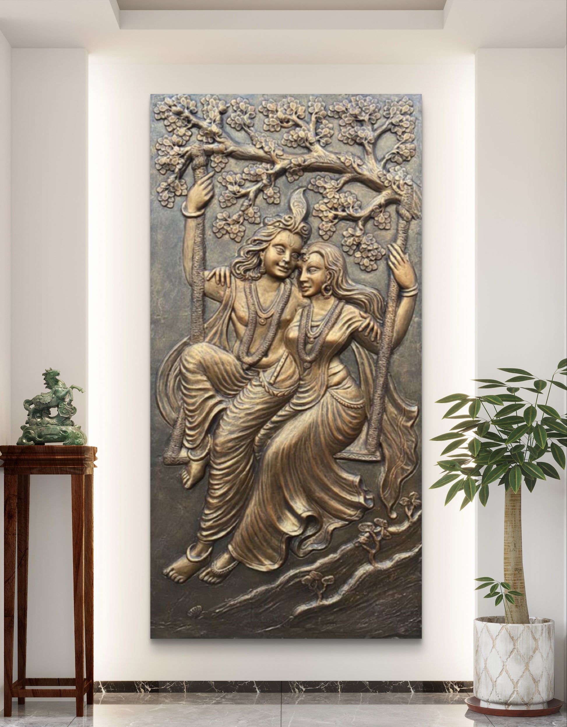 6x3 Feet | Radha Krishna Swing 3D Relief Mural | Divine Wall Art | Ready to Hang