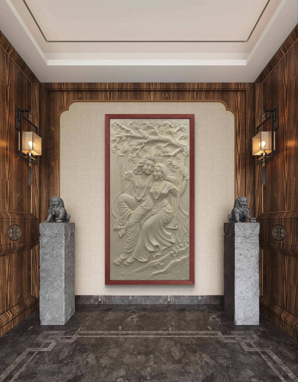 6x3 Feet | Radha Krishna Swing 3D Relief Mural | Divine Wall Art | Ready to Hang