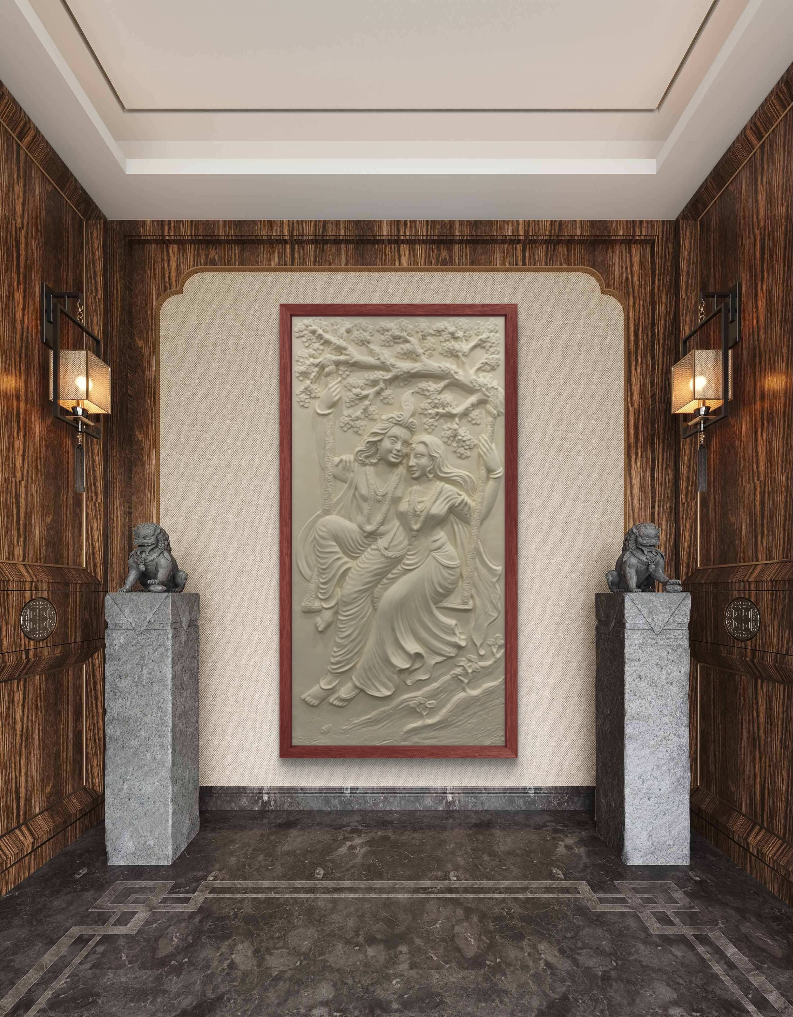 6x3 Feet | Radha Krishna Swing 3D Relief Mural | Divine Wall Art | Ready to Hang