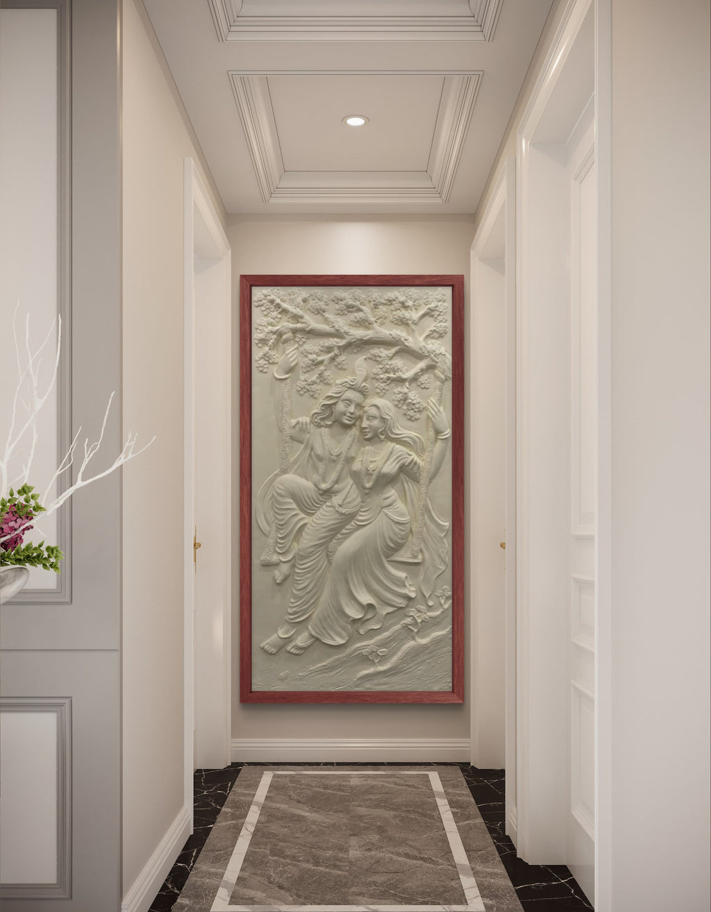 6x3 Feet | Radha Krishna Swing 3D Relief Mural | Divine Wall Art | Ready to Hang