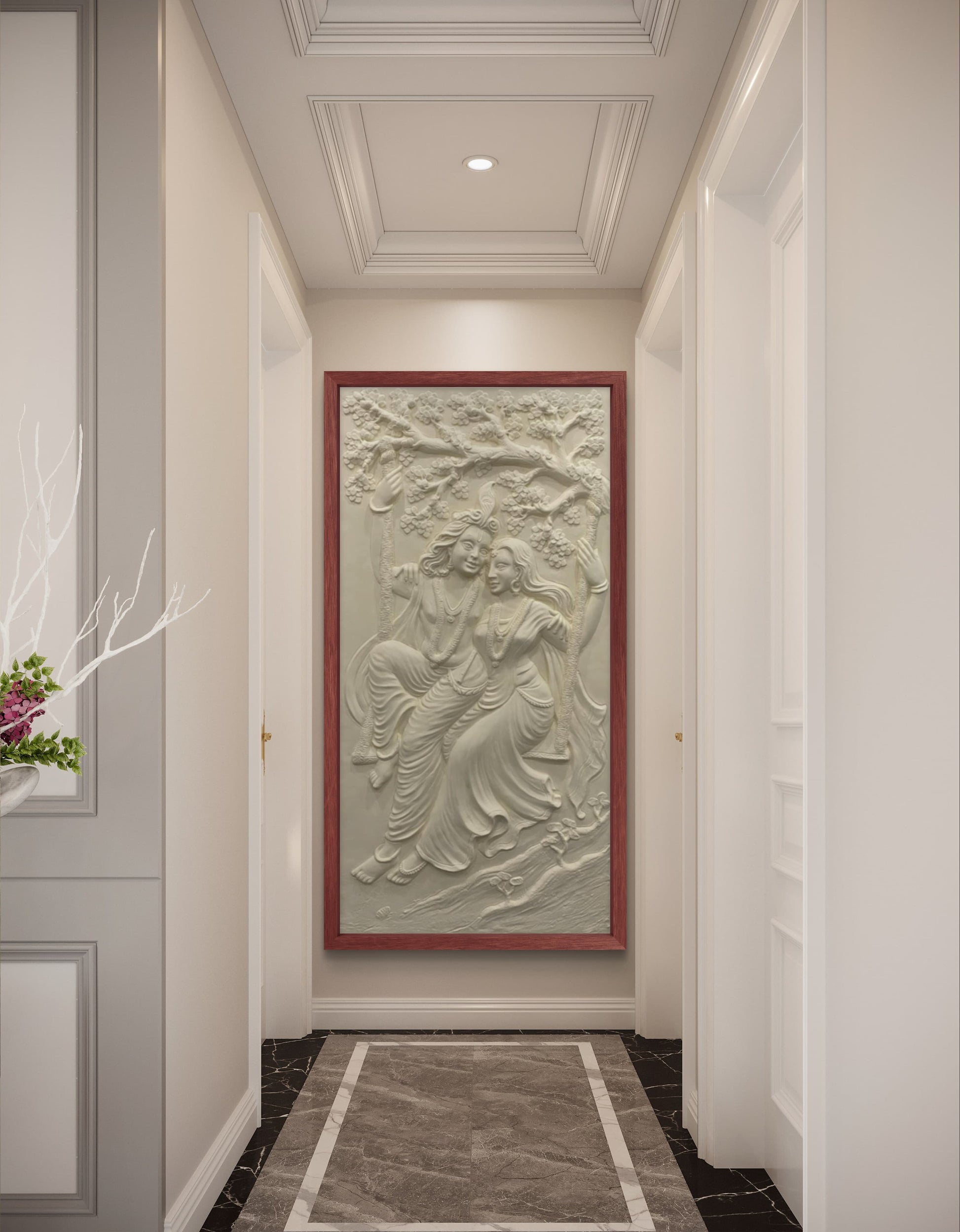 6x3 Feet | Radha Krishna Swing 3D Relief Mural | Divine Wall Art | Ready to Hang