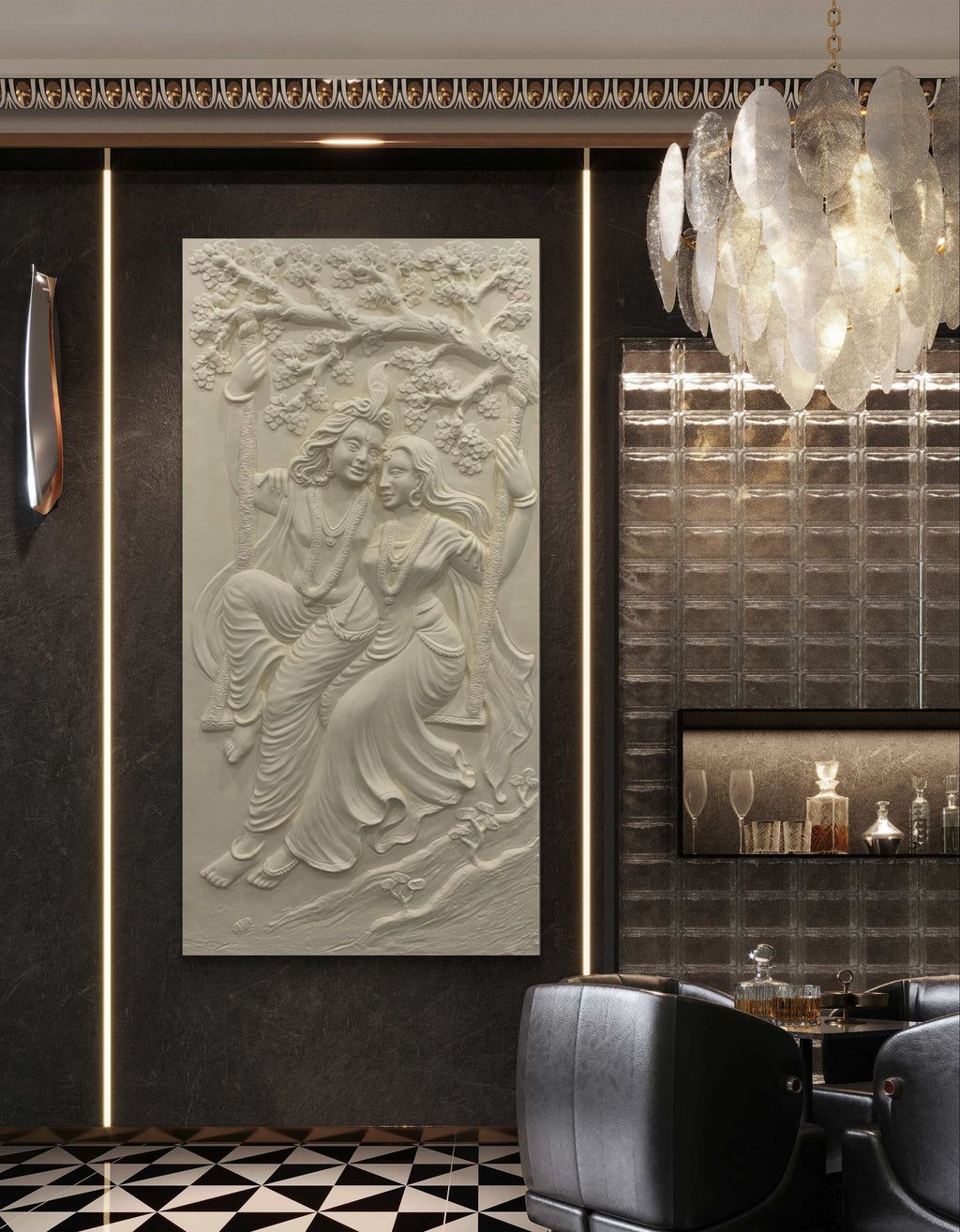 6x3 Feet | Radha Krishna Swing 3D Relief Mural | Divine Wall Art | Ready to Hang