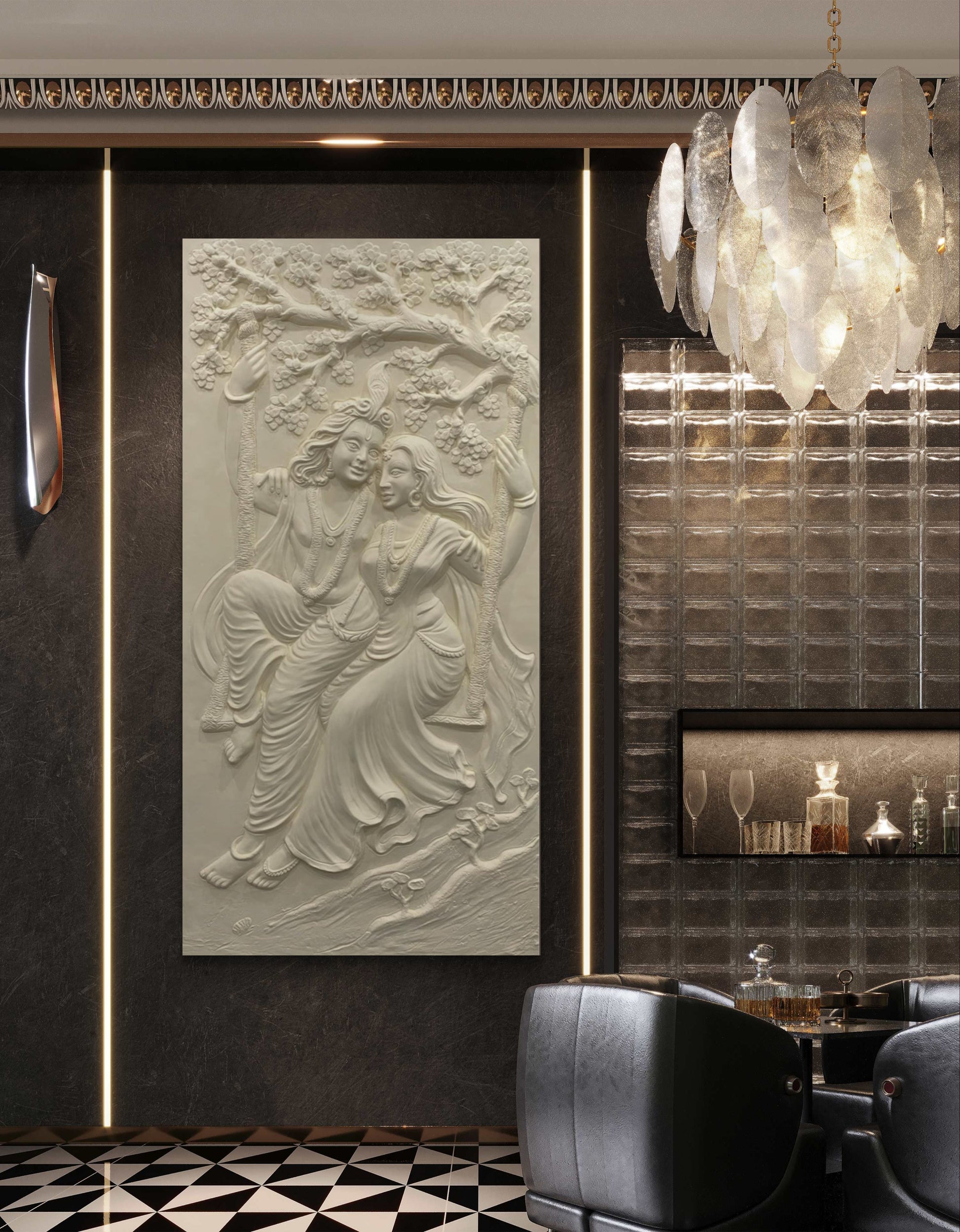 6x3 Feet | Radha Krishna Swing 3D Relief Mural | Divine Wall Art | Ready to Hang