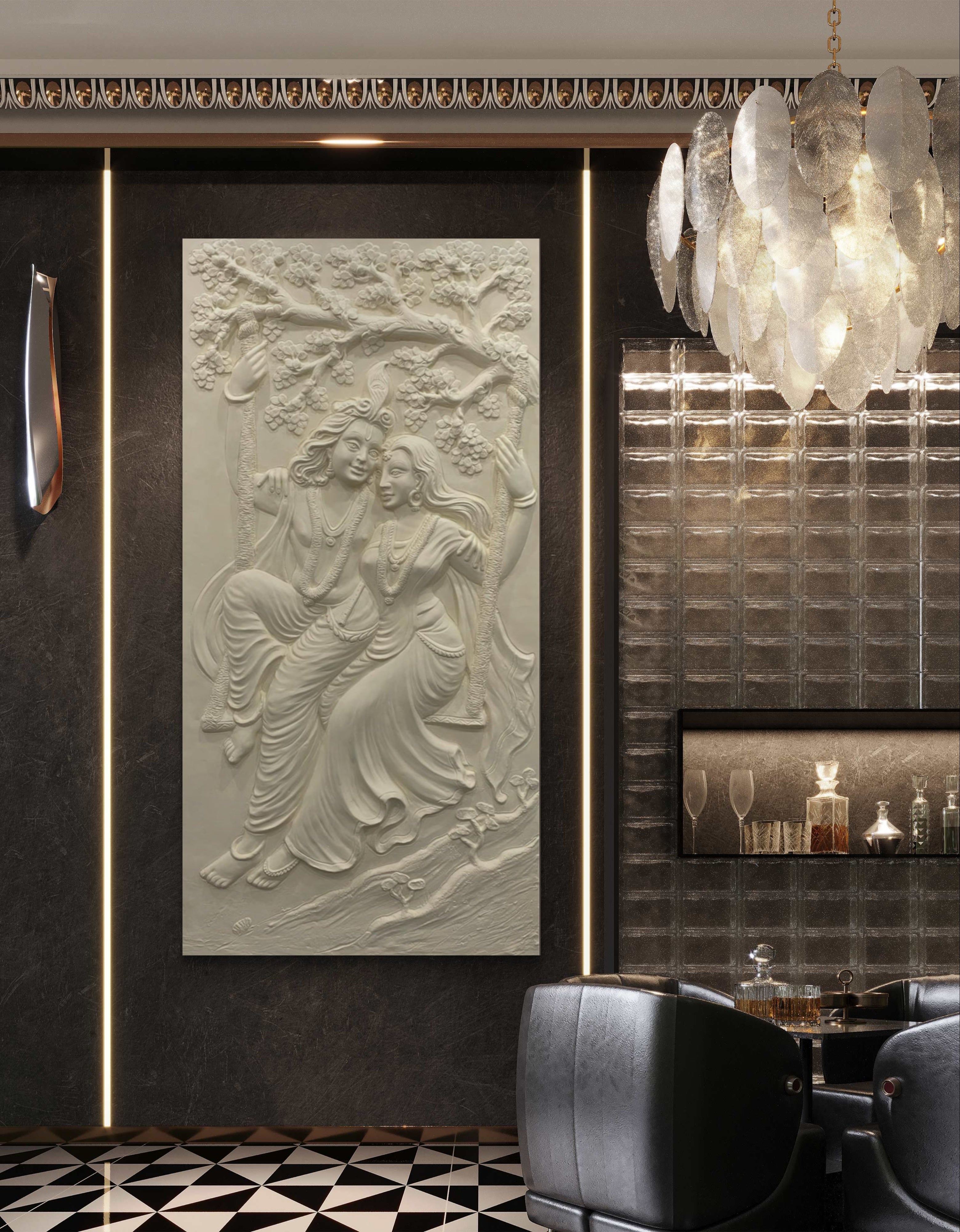 6x3 Feet | Radha Krishna Swing 3D Relief Mural | Divine Wall Art | Ready to Hang