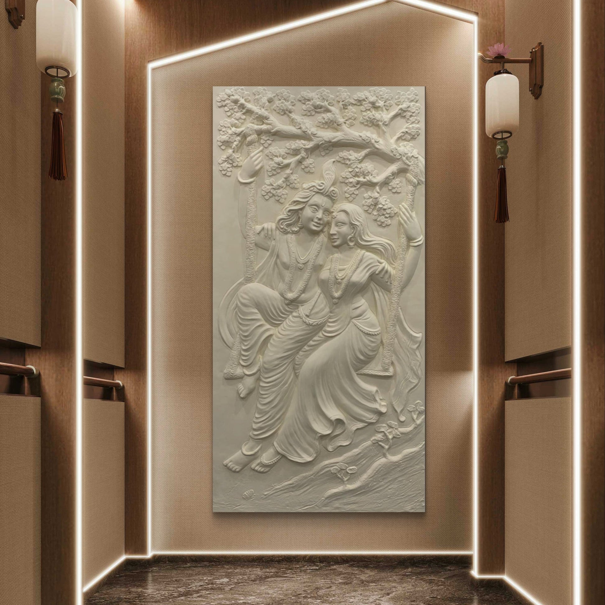 6x3 Feet | Radha Krishna Swing 3D Relief Mural | Divine Wall Art | Ready to Hang