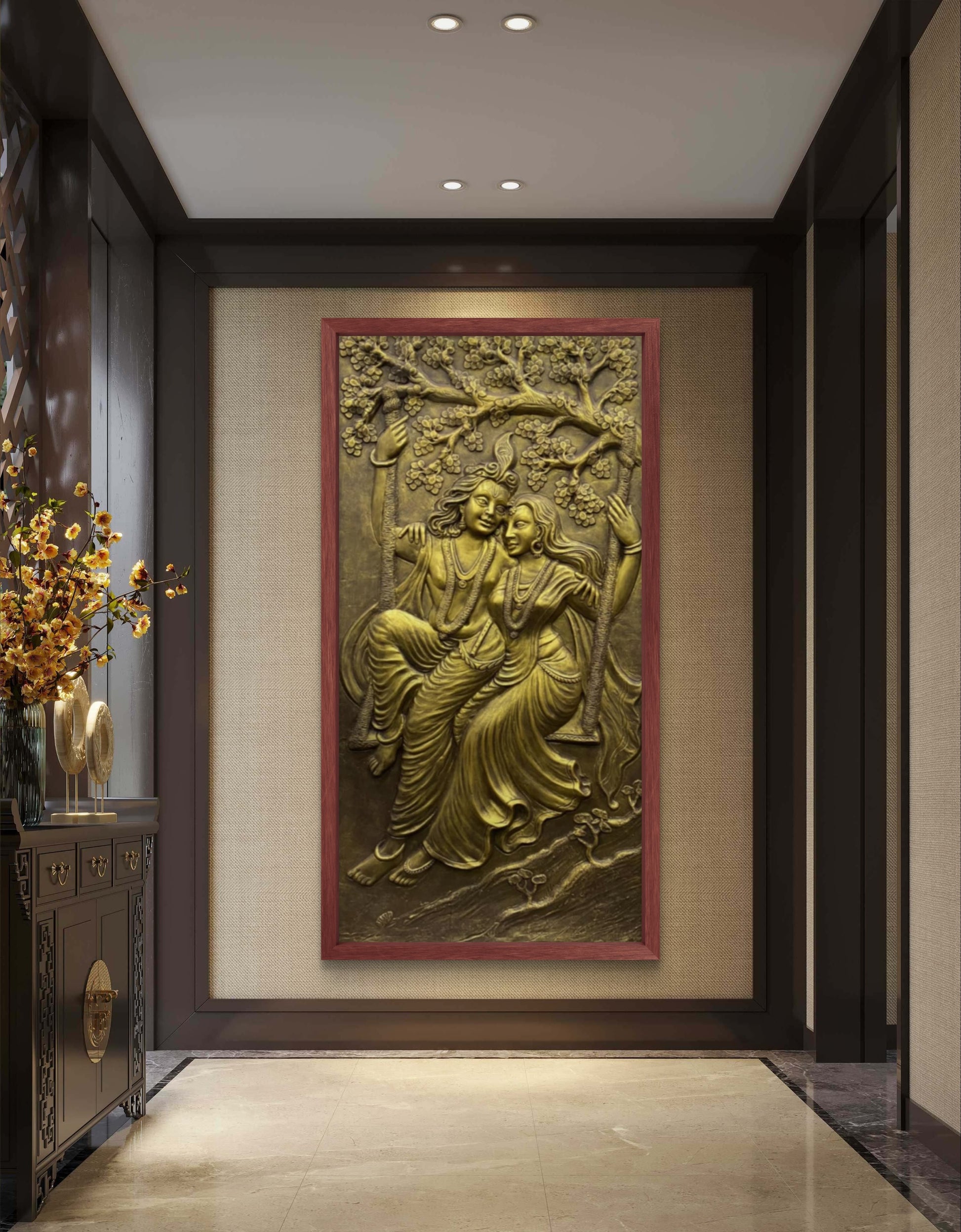 6x3 Feet | Radha Krishna Swing 3D Relief Mural | Divine Wall Art | Ready to Hang
