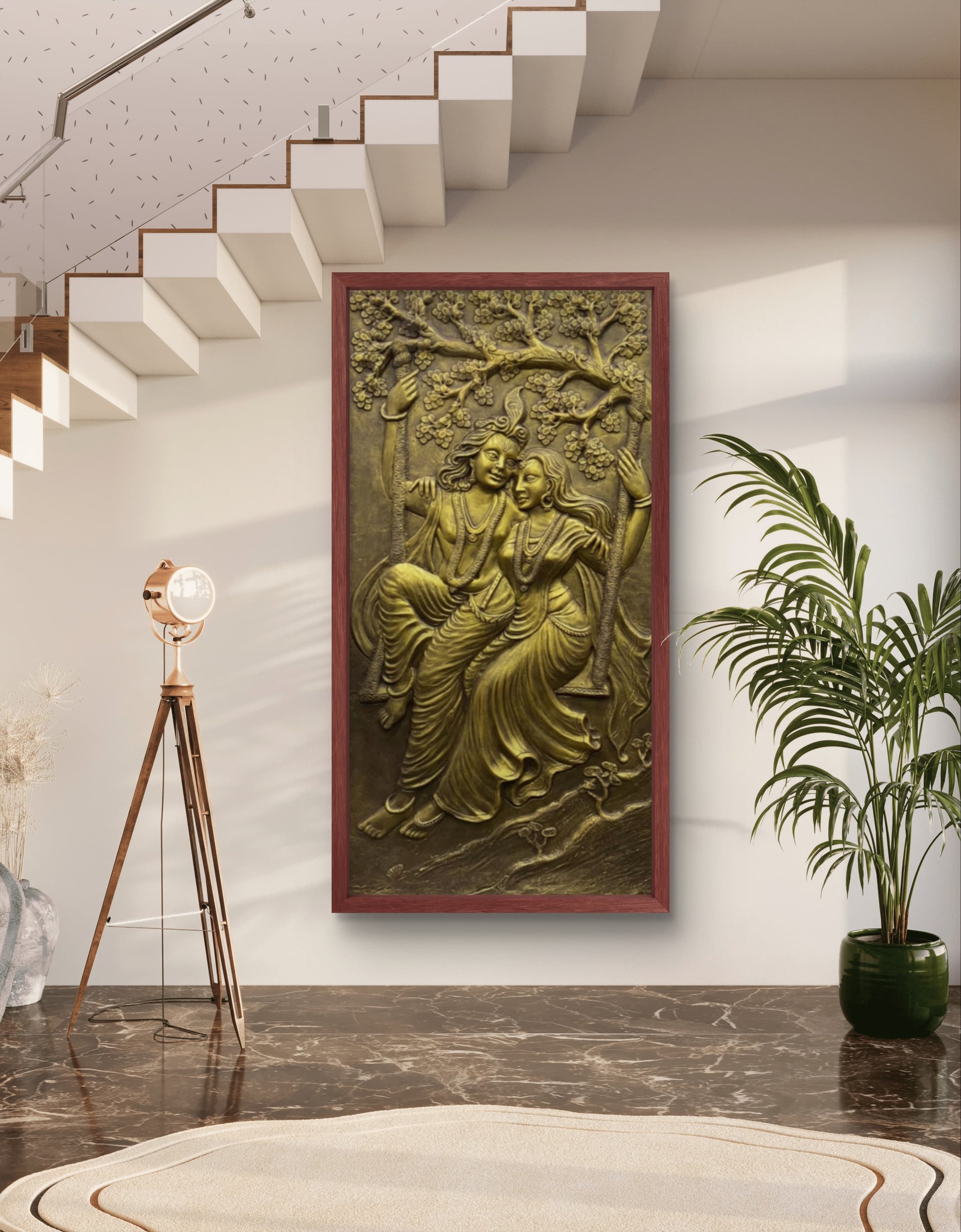6x3 Feet | Radha Krishna Swing 3D Relief Mural | Divine Wall Art | Ready to Hang