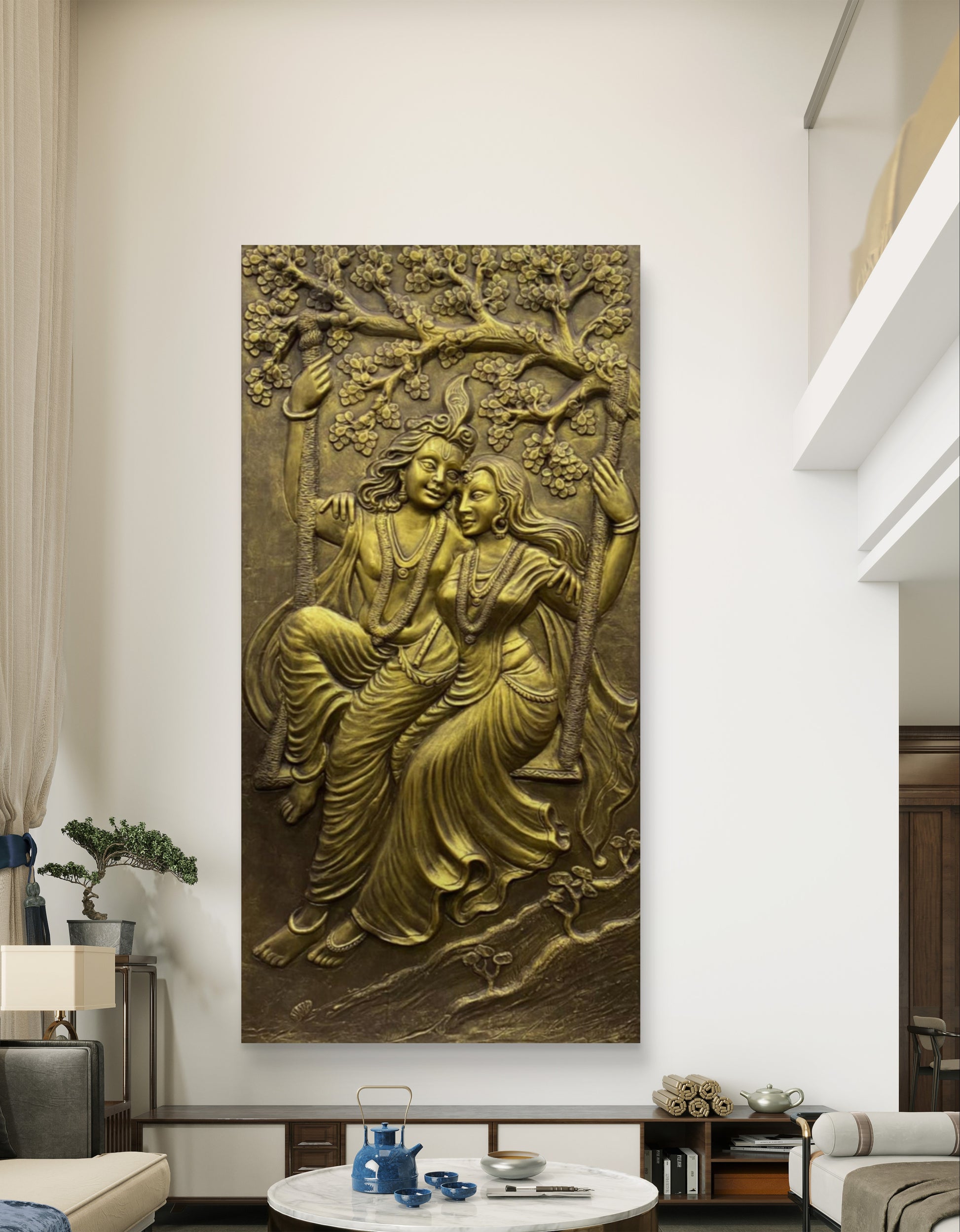 6x3 Feet | Radha Krishna Swing 3D Relief Mural | Divine Wall Art | Ready to Hang
