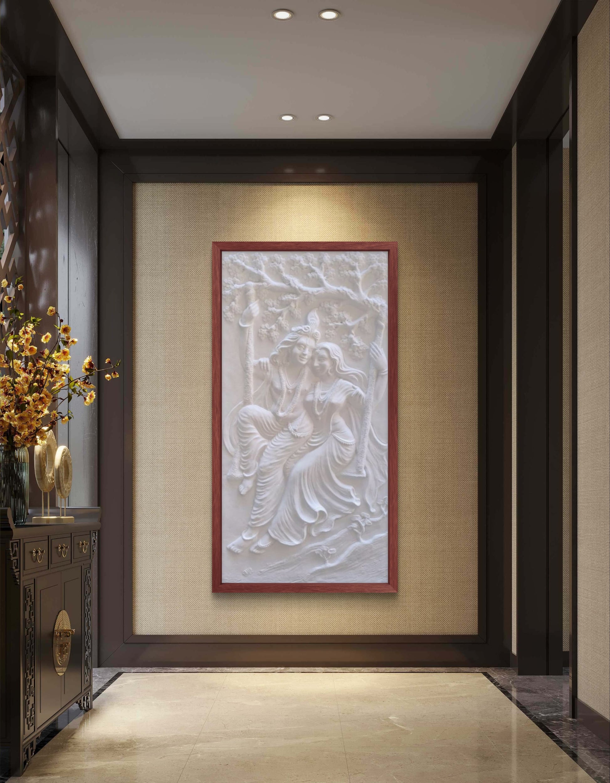 6x3 Feet | Radha Krishna Swing 3D Relief Mural | Divine Wall Art | Ready to Hang