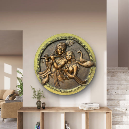 31x31 Inches | Radha Krishna Circular Relief Mural | Divine Wall Art | Ready to Hang