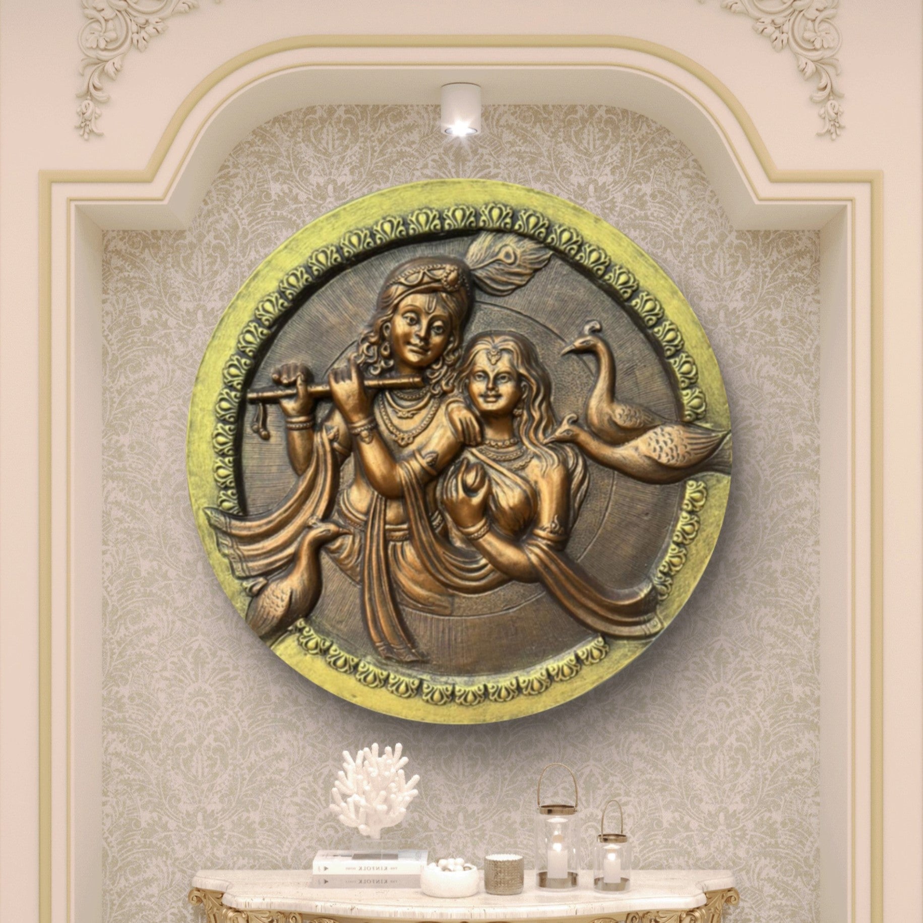 31x31 Inches | Radha Krishna Circular Relief Mural | Divine Wall Art | Ready to Hang