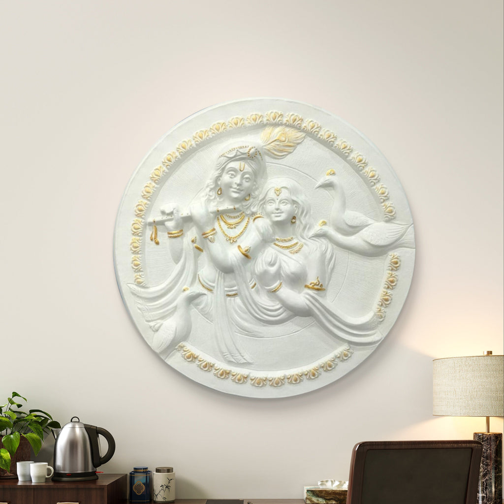31x31 Inches | Radha Krishna Circular Relief Mural | Divine Wall Art | Ready to Hang