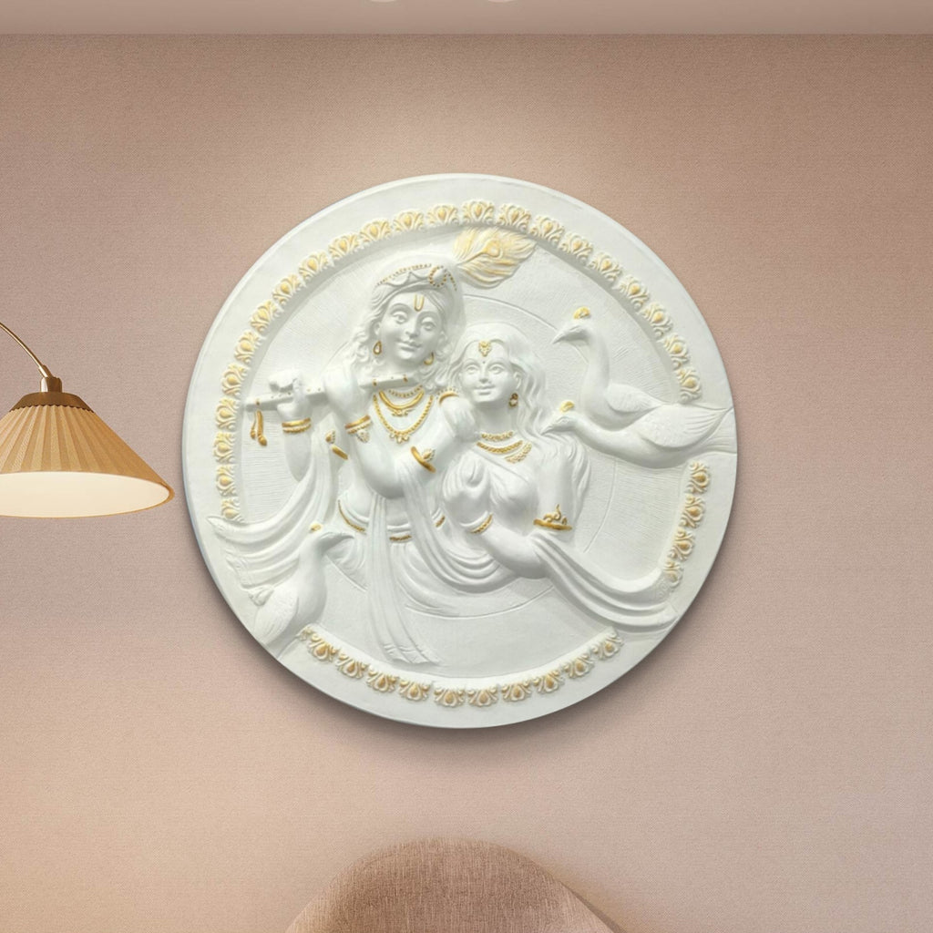 31x31 Inches | Radha Krishna Circular Relief Mural | Divine Wall Art | Ready to Hang