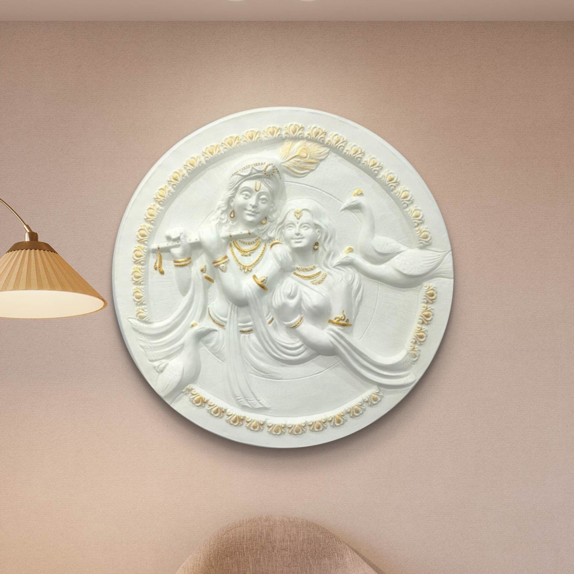 31x31 Inches | Radha Krishna Circular Relief Mural | Divine Wall Art | Ready to Hang