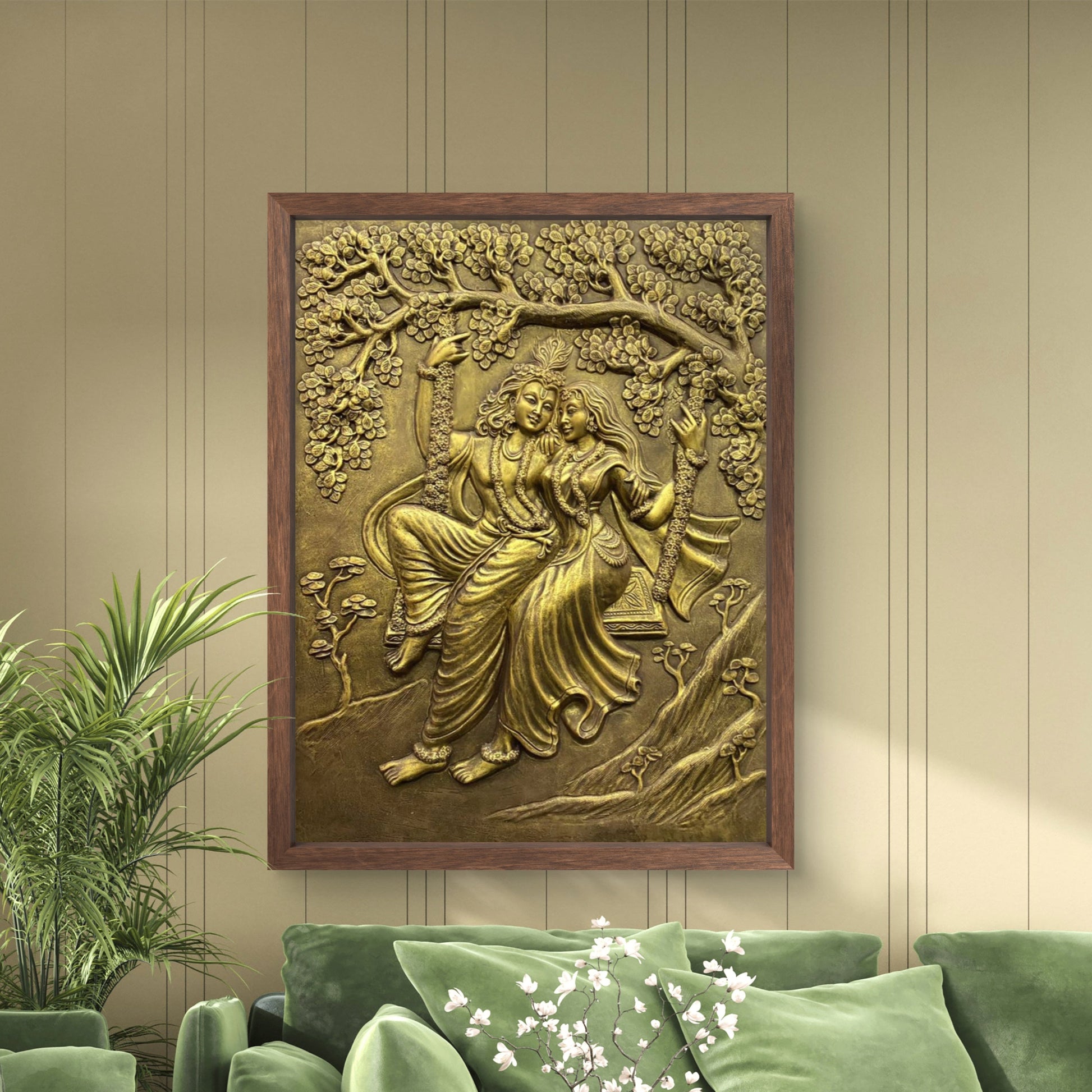 4x3 Feet | Radha Krishna Swing 3D Relief Mural | Spiritual & Romantic Wall Art