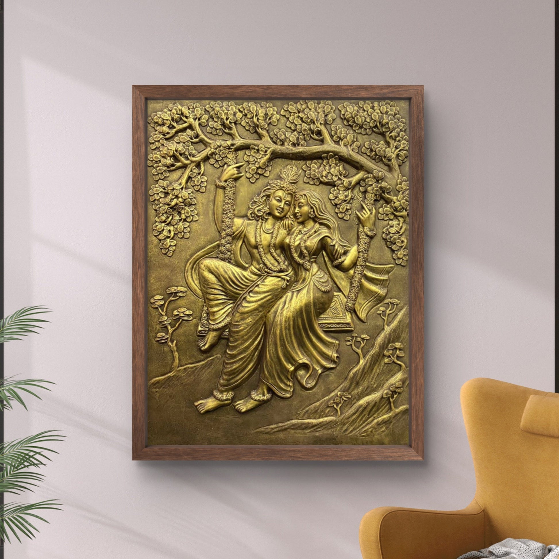4x3 Feet | Radha Krishna Swing 3D Relief Mural | Spiritual & Romantic Wall Art
