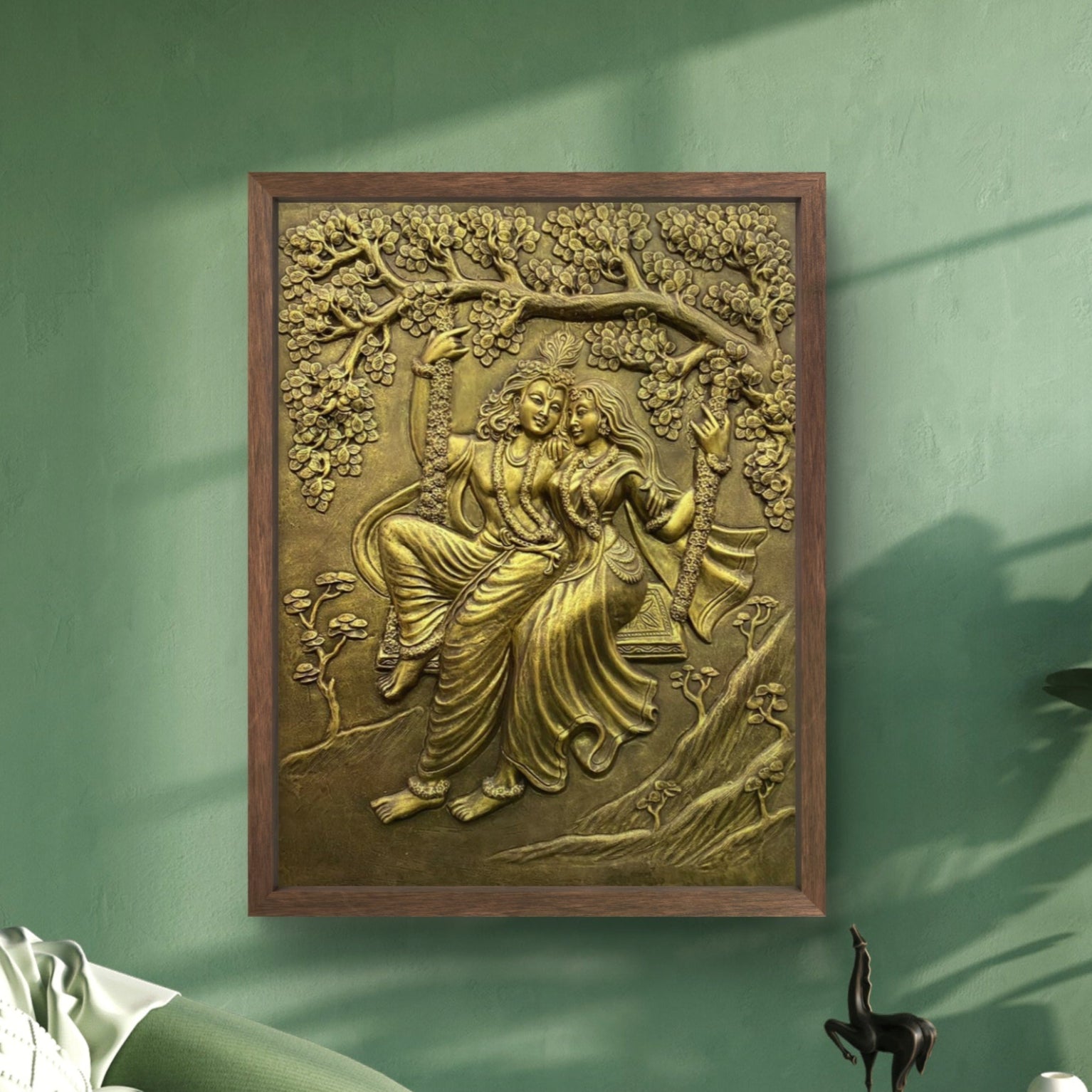 4x3 Feet | Radha Krishna Swing 3D Relief Mural | Spiritual & Romantic Wall Art