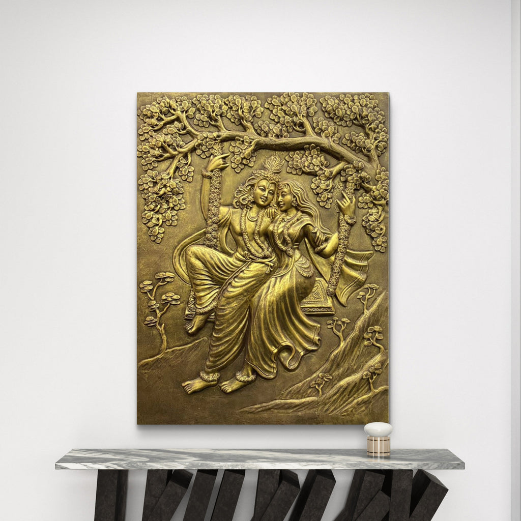 4x3 Feet | Radha Krishna Swing 3D Relief Mural | Spiritual & Romantic Wall Art