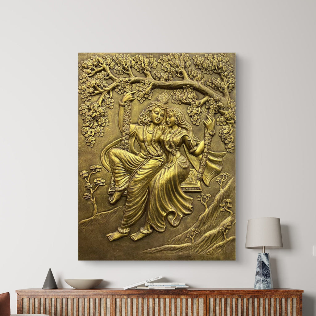4x3 Feet | Radha Krishna Swing 3D Relief Mural | Spiritual & Romantic Wall Art