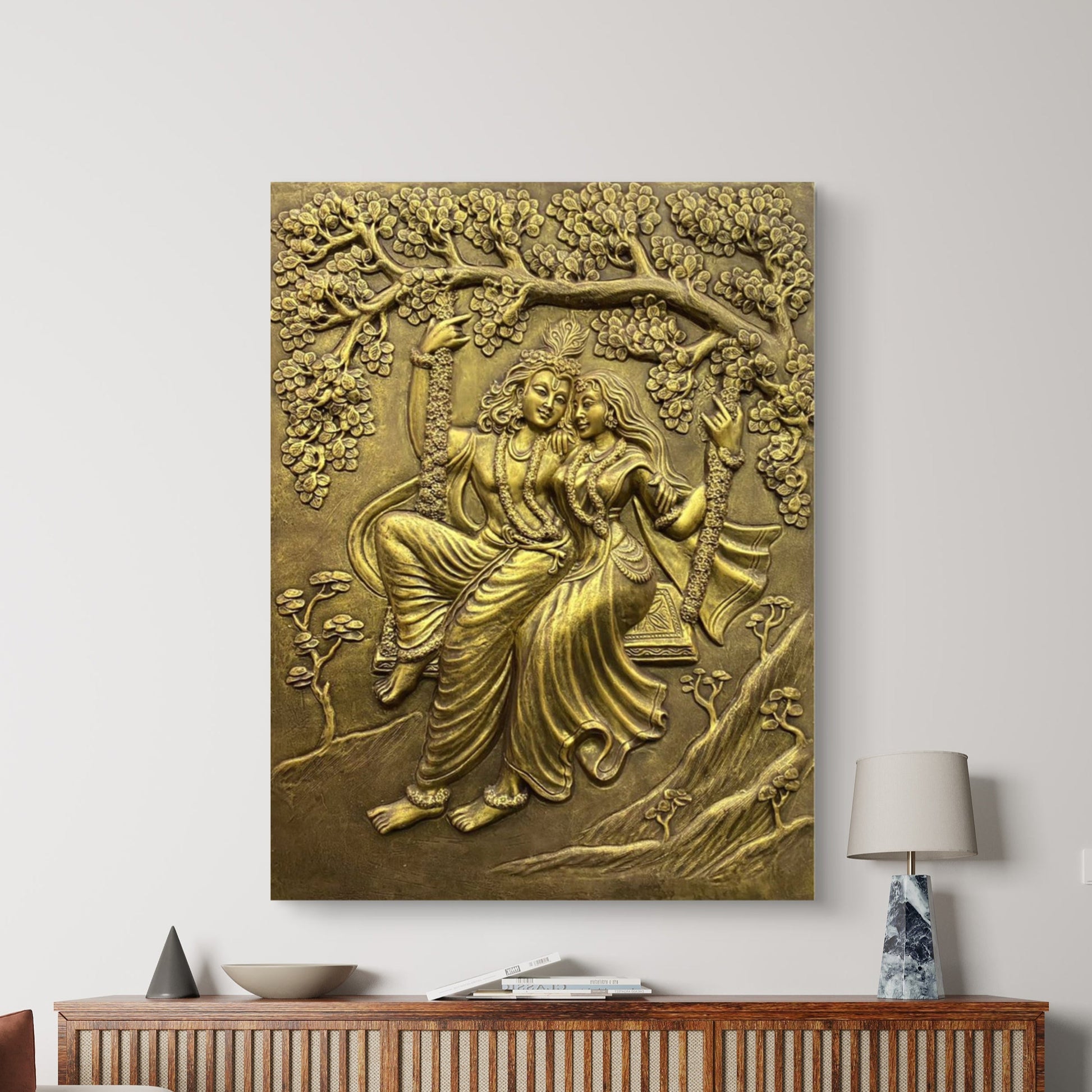 4x3 Feet | Radha Krishna Swing 3D Relief Mural | Spiritual & Romantic Wall Art