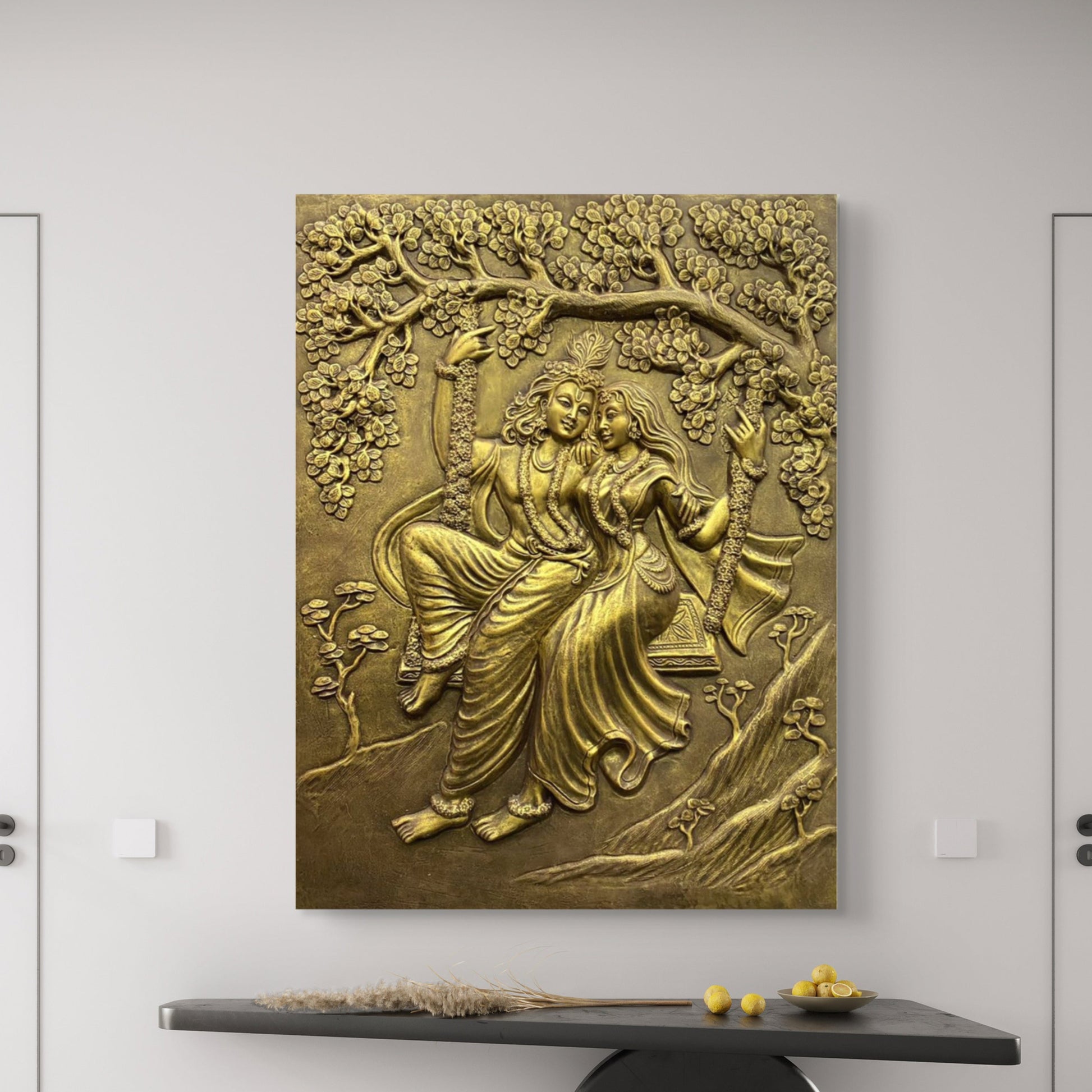 4x3 Feet | Radha Krishna Swing 3D Relief Mural | Spiritual & Romantic Wall Art