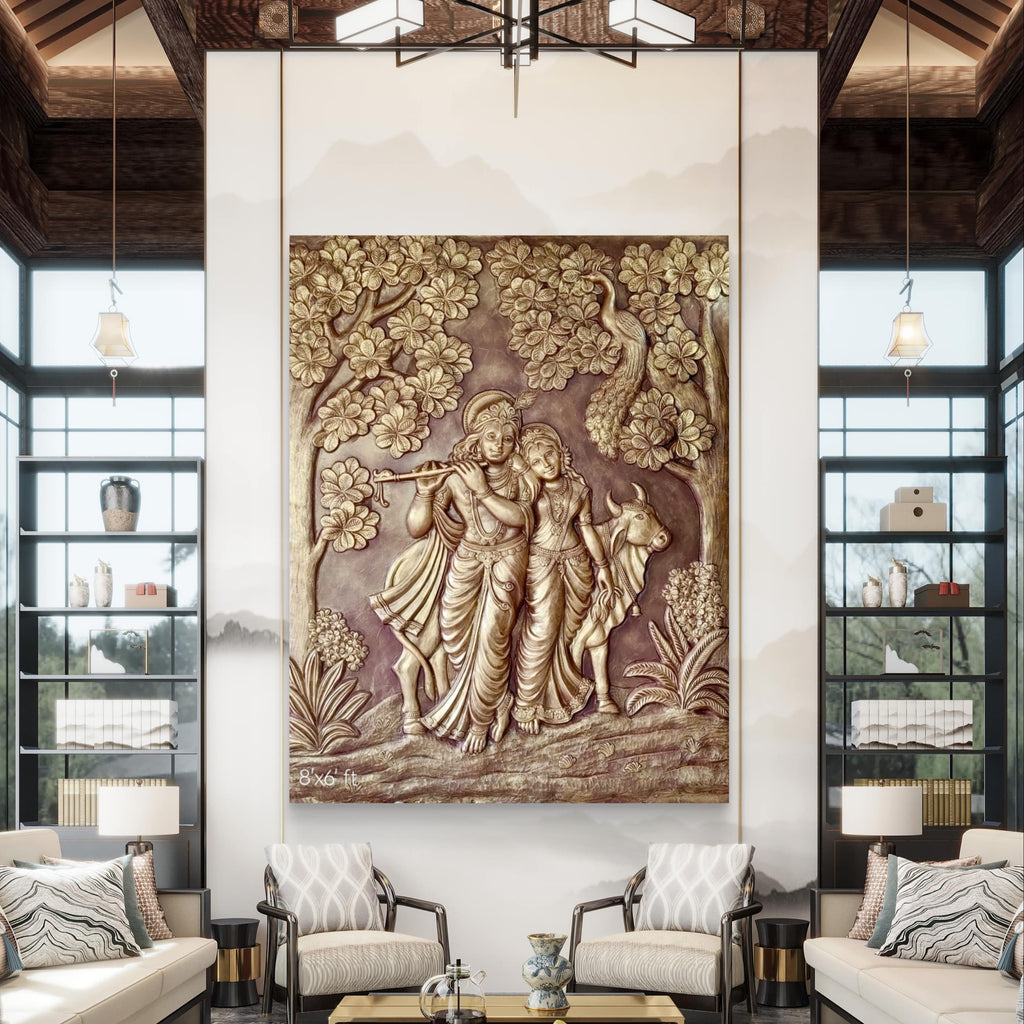 7x6 Feet | Radha Krishna 3D Relief Mural Wall Art | Ready-to-Hang Divine Décor for Home & Temple