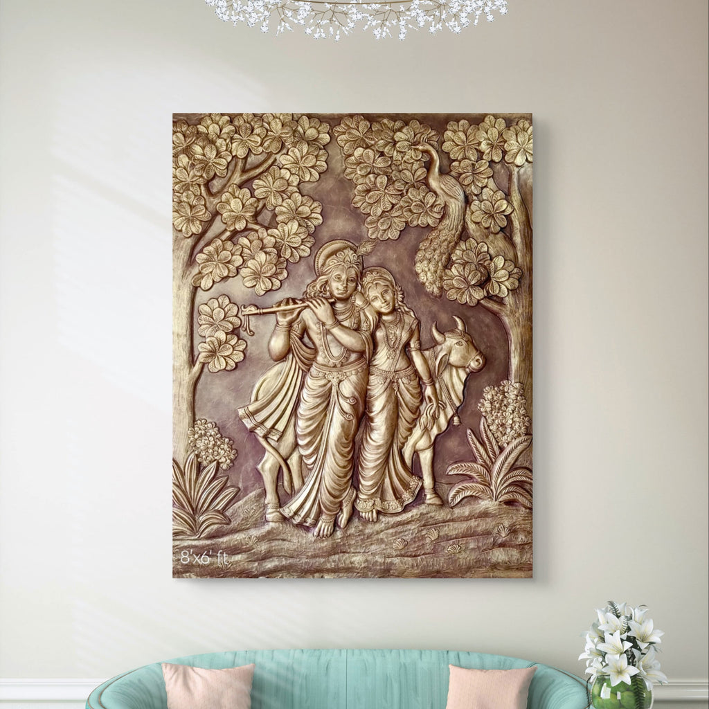 7x6 Feet | Radha Krishna 3D Relief Mural Wall Art | Ready-to-Hang Divine Décor for Home & Temple
