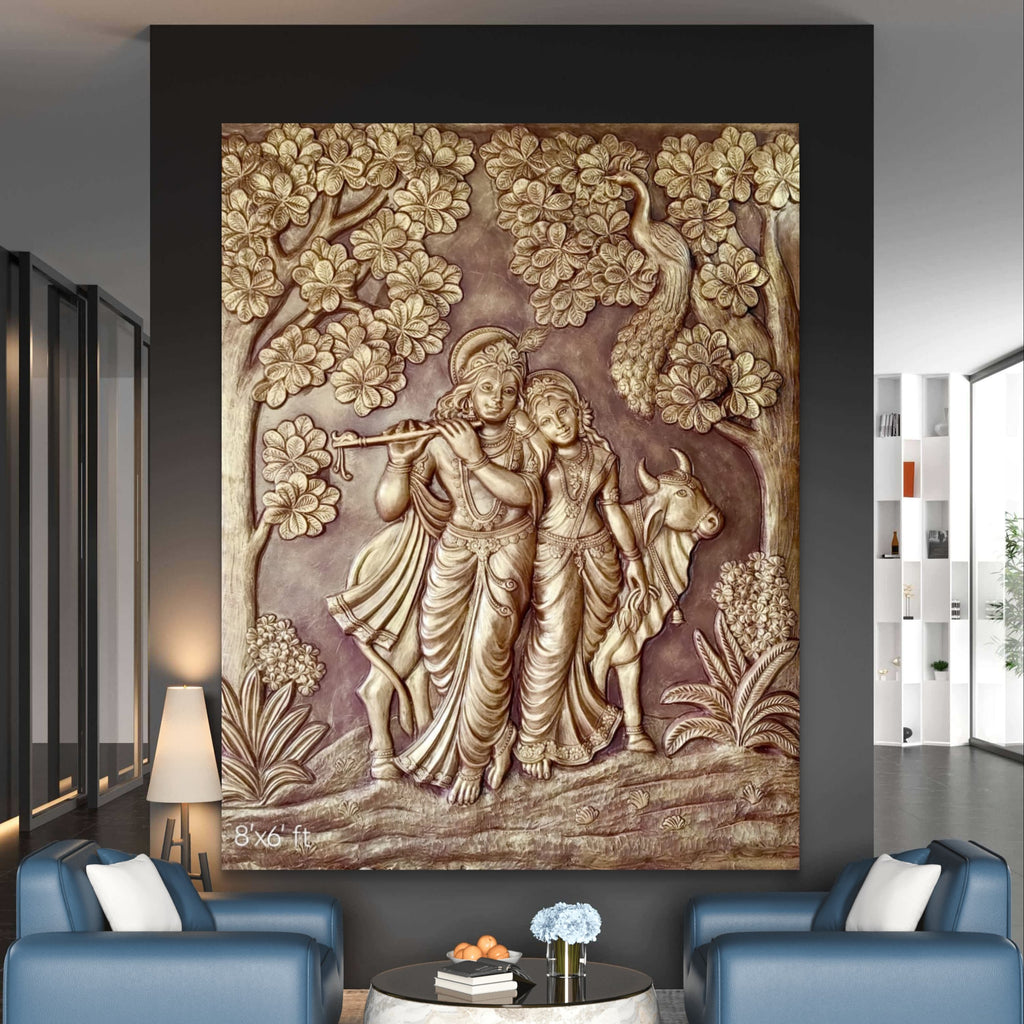 7x6 Feet | Radha Krishna 3D Relief Mural Wall Art | Ready-to-Hang Divine Décor for Home & Temple