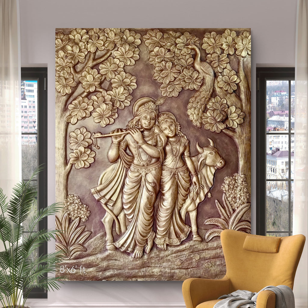 7x6 Feet | Radha Krishna 3D Relief Mural Wall Art | Ready-to-Hang Divine Décor for Home & Temple