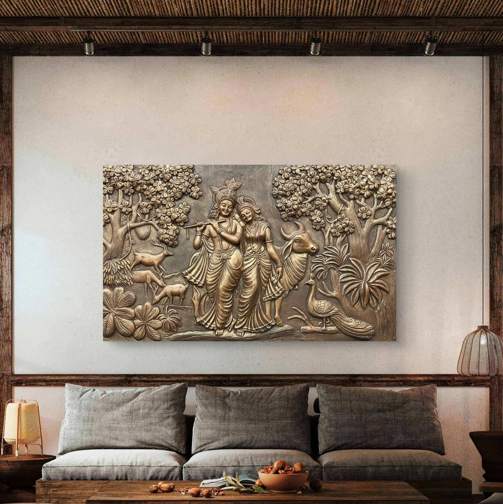 5x3 Feet | Handcrafted Radha Krishna 3D Relief Wall Mural | Divine Wall Art | Large Spiritual Décor