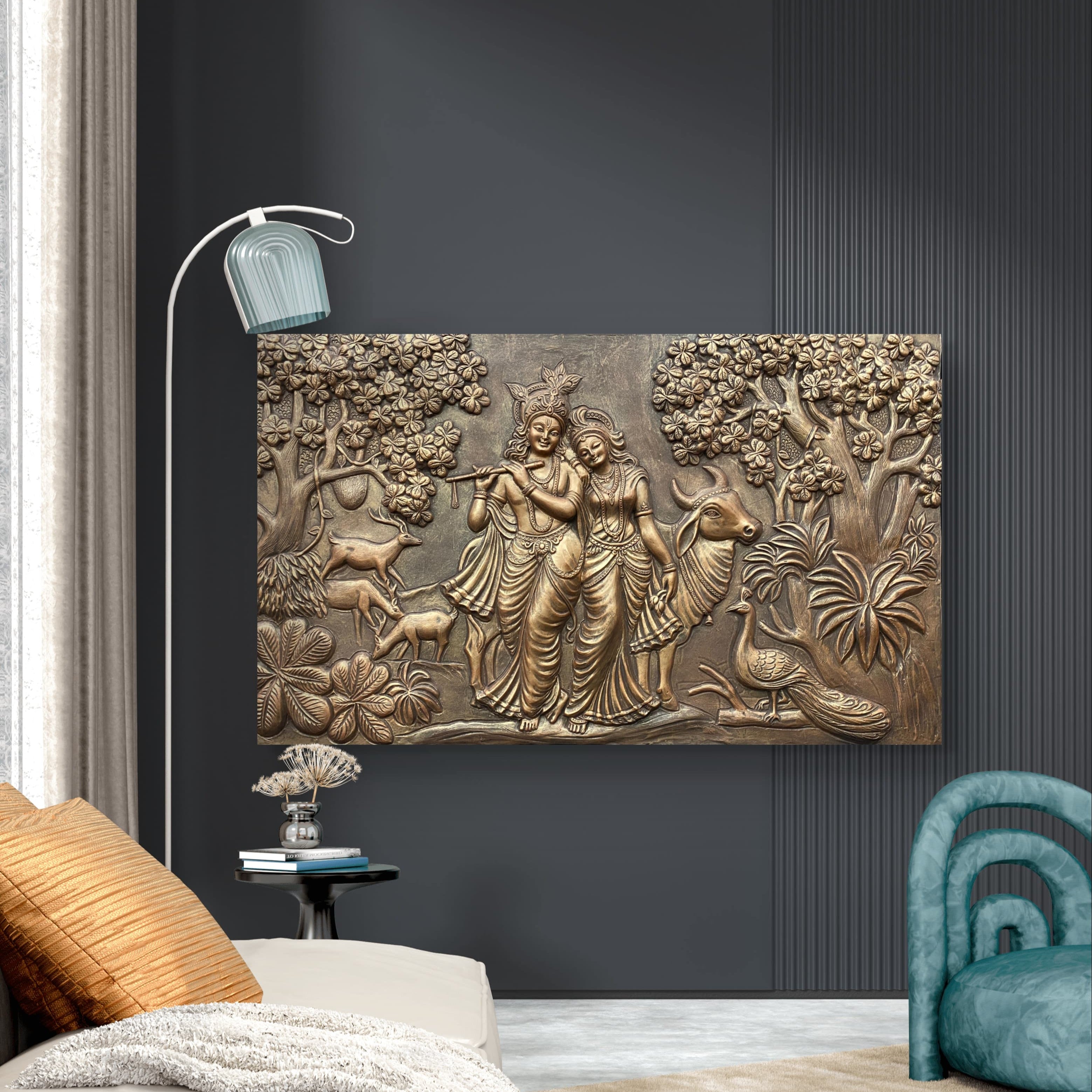 5x3 Feet | Handcrafted Radha Krishna 3D Relief Wall Mural | Divine Wall Art | Large Spiritual Décor