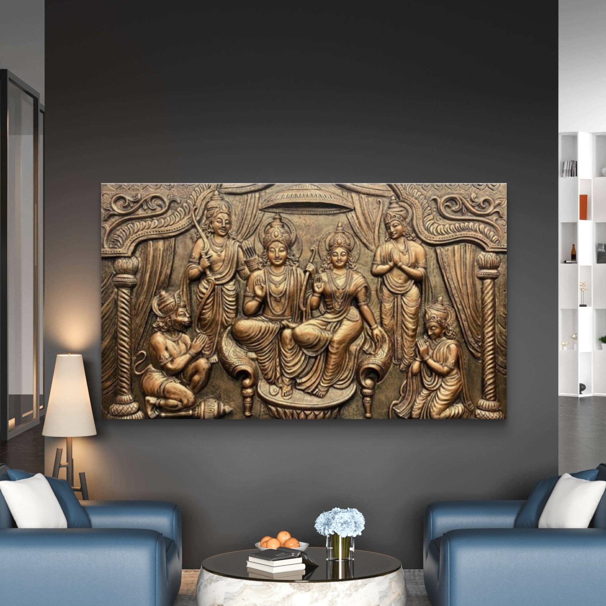 4x6 Feet | Ram Darbar 3D Relief Mural Wall Art | Divine Lord Rama, Sita, Lakshman & Hanuman Panel | Hindu Spiritual Home Décor | Ready-to-Hang