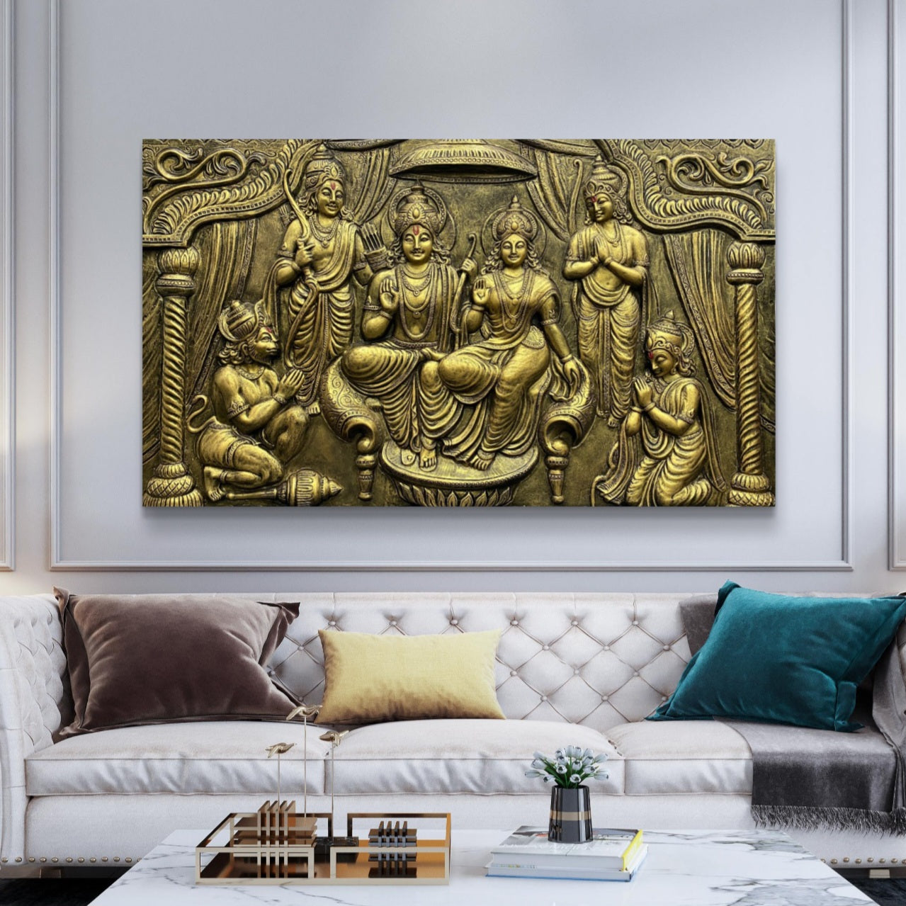 4x6 Feet | Ram Darbar 3D Relief Mural Wall Art | Divine Lord Rama, Sita, Lakshman & Hanuman Panel | Hindu Spiritual Home Décor | Ready-to-Hang