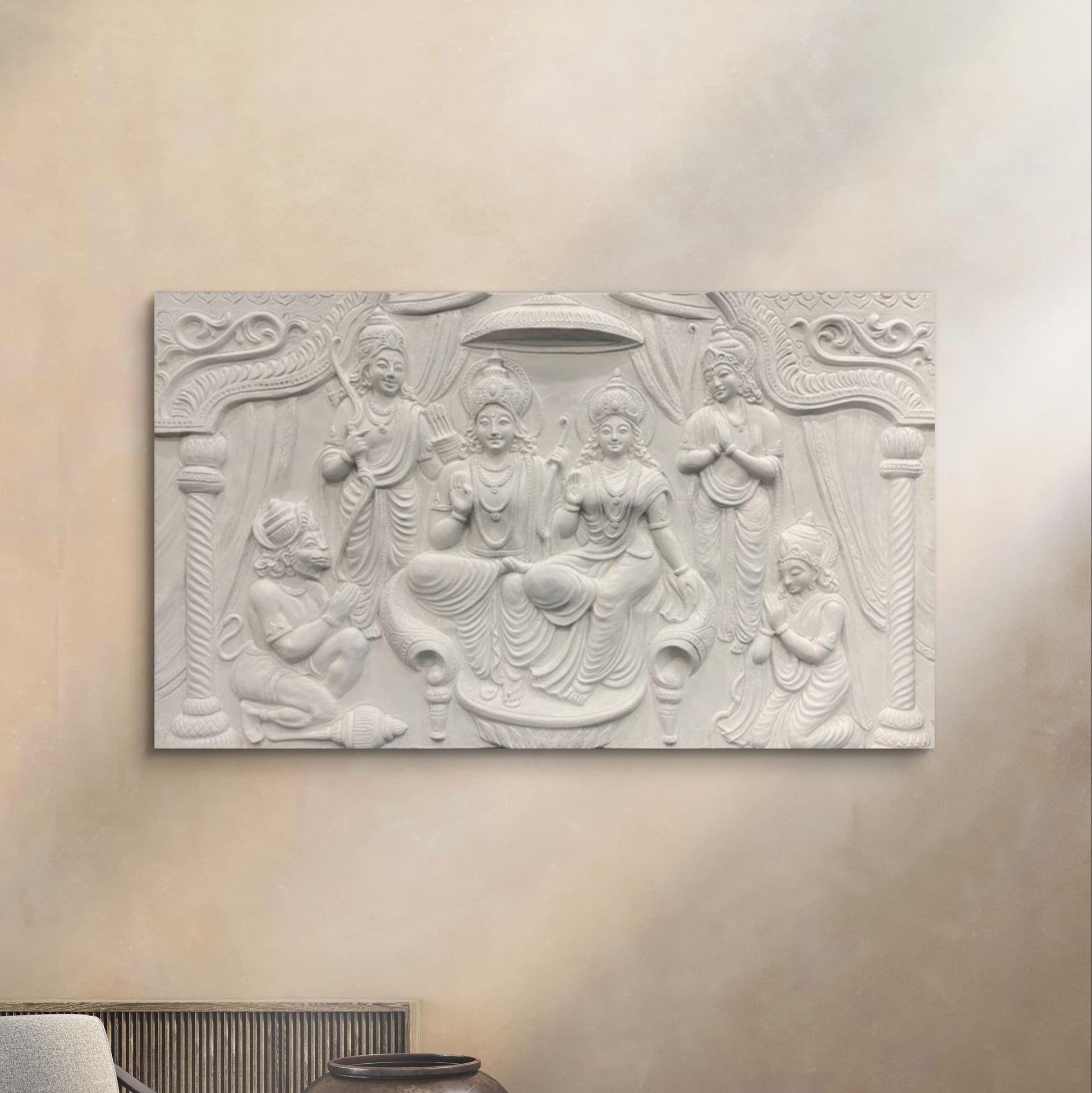 4x6 Feet | Ram Darbar 3D Relief Mural Wall Art | Divine Lord Rama, Sita, Lakshman & Hanuman Panel | Hindu Spiritual Home Décor | Ready-to-Hang