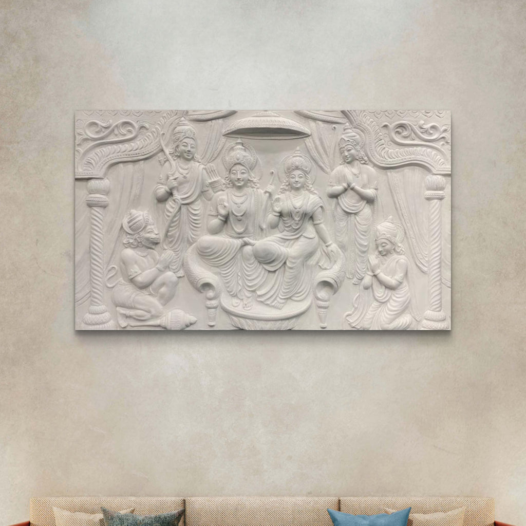 4x6 Feet | Ram Darbar 3D Relief Mural Wall Art | Divine Lord Rama, Sita, Lakshman & Hanuman Panel | Hindu Spiritual Home Décor | Ready-to-Hang