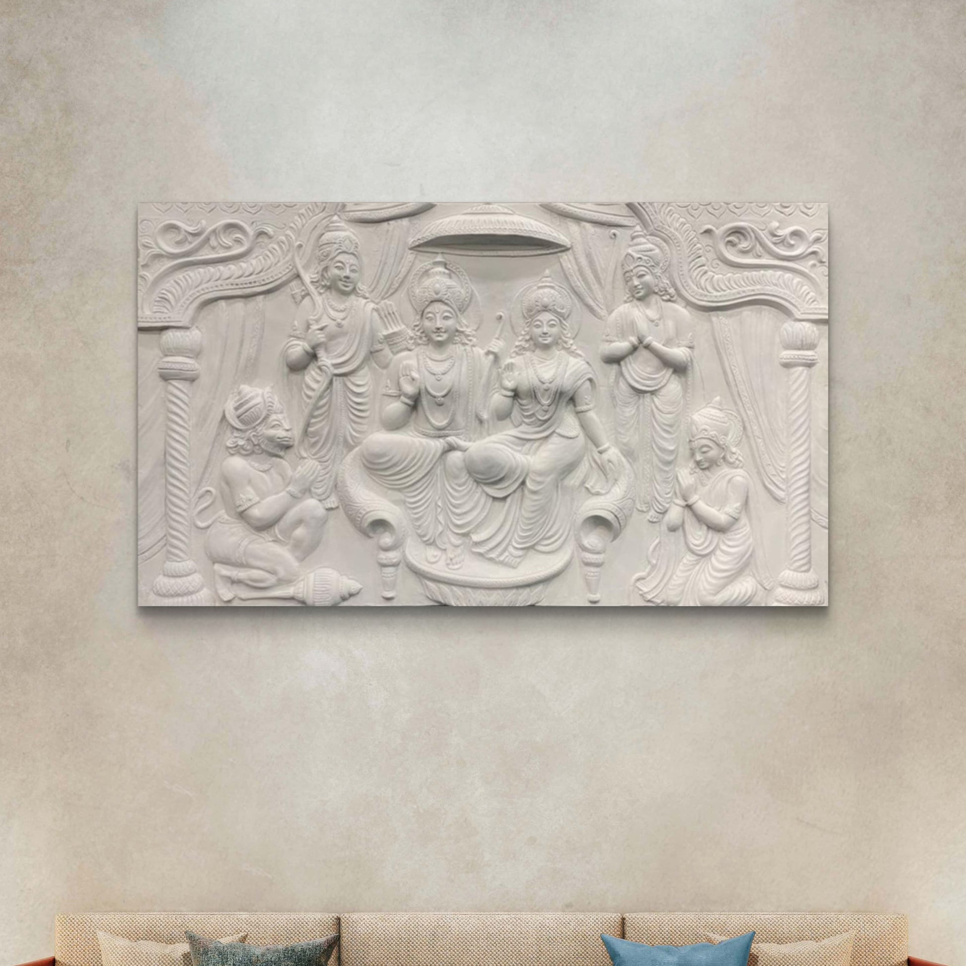 4x6 Feet | Ram Darbar 3D Relief Mural Wall Art | Divine Lord Rama, Sita, Lakshman & Hanuman Panel | Hindu Spiritual Home Décor | Ready-to-Hang