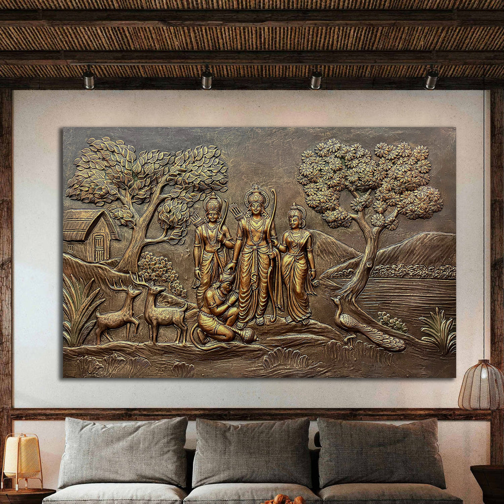 4x6 Feet | Ram Darbar Relief Wall Mural | Traditional Hindu Art | Ready to Hang | Spiritual Home Decor