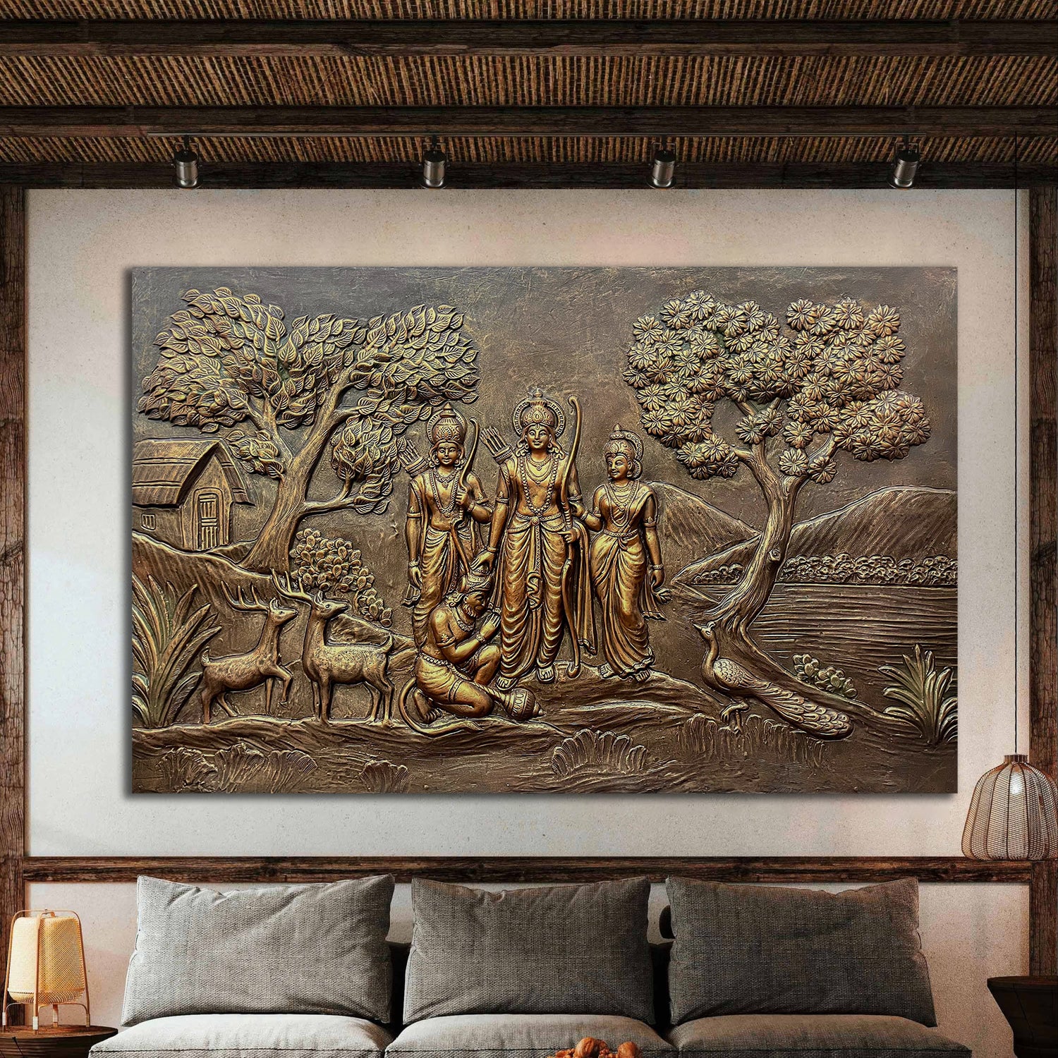4x6 Feet | Ram Darbar Relief Wall Mural | Traditional Hindu Art | Ready to Hang | Spiritual Home Decor