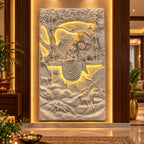 Handcrafted Radha Krishna 3D relief wall mural with integrated LED lighting and intricate sculptural detailing for elegant interiors