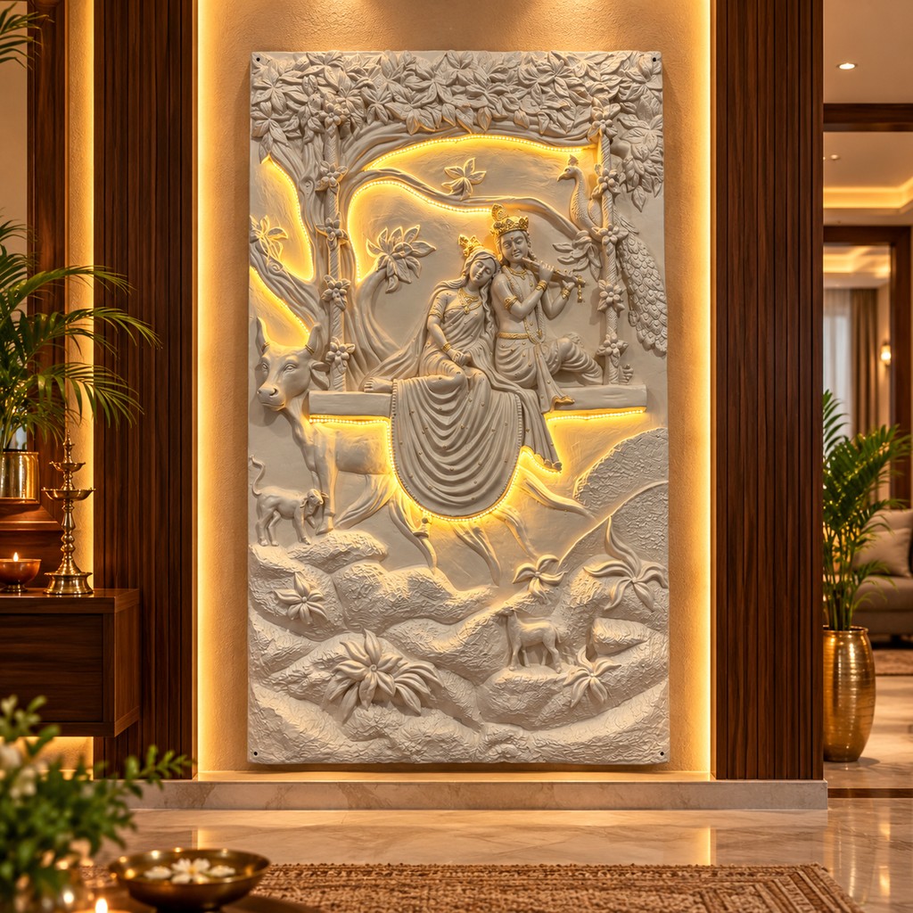 Handcrafted Radha Krishna 3D relief wall mural with integrated LED lighting and intricate sculptural detailing for elegant interiors