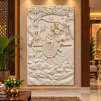 Handcrafted Radha Krishna 3D relief wall mural with integrated LED lighting and intricate sculptural detailing for elegant interiors.
